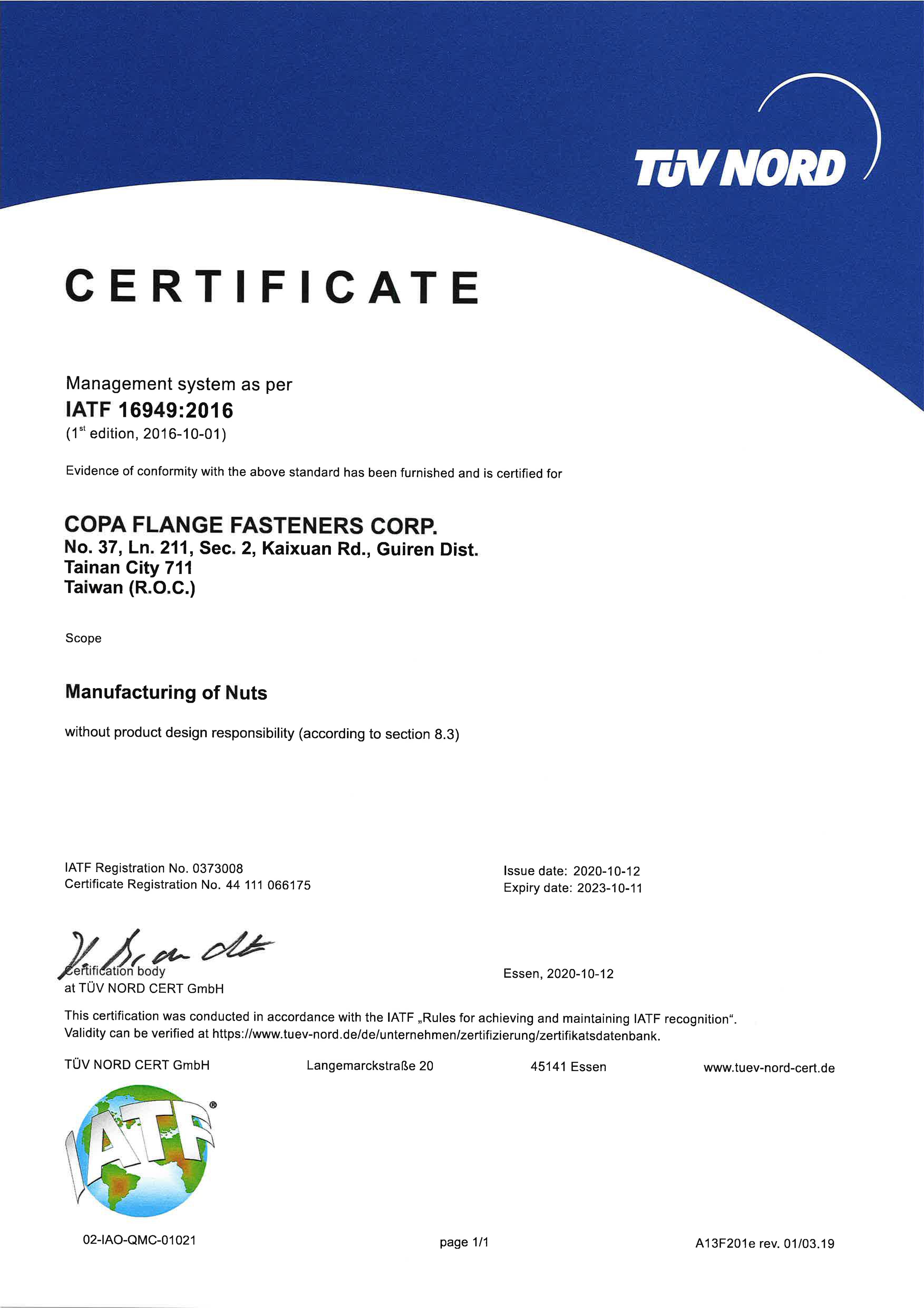COPA FLANGE FASTENERS CORP. , CERTIFICATE IATF16949 , Others