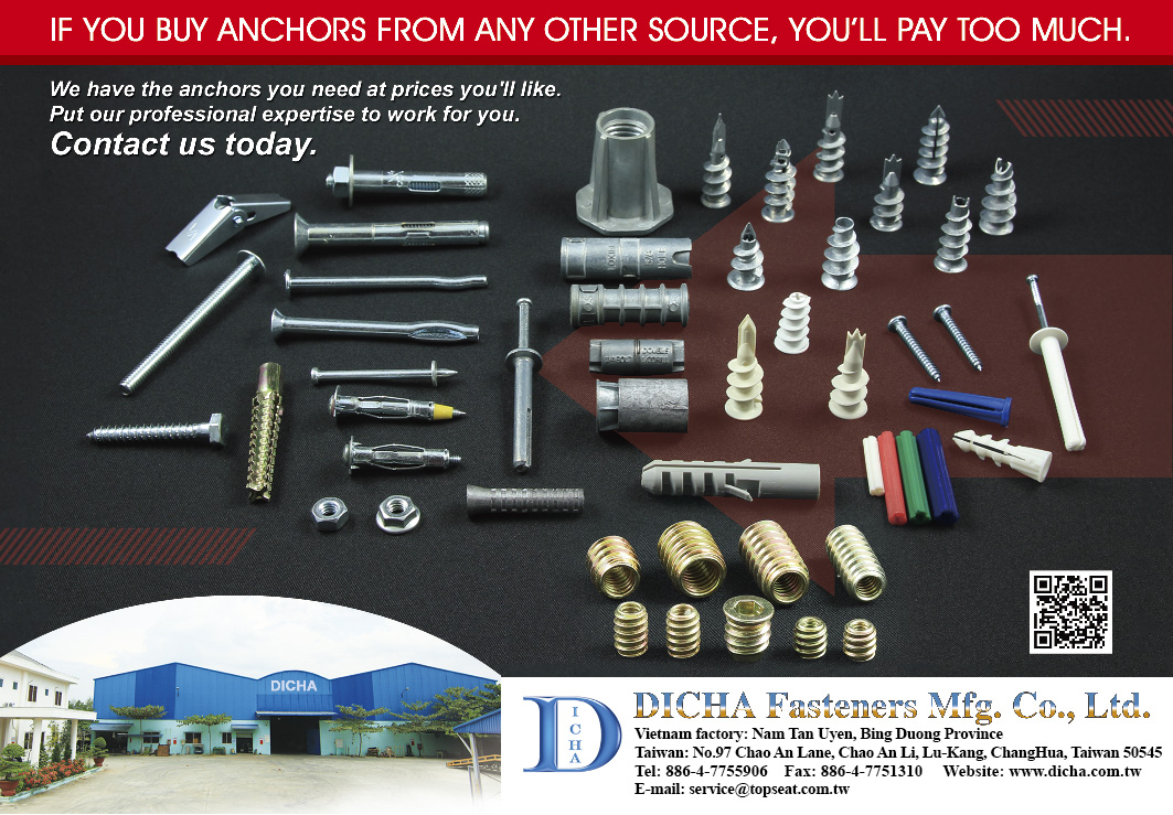 DICHA FASTENERS MFG , Lag Screw Shields, Anchors,Hammer drive anchor,Lag shield,Single expansion shield, Double expansion shields,Wood screw lead anchor,Machine screw anchor,Precast concrete insert,Split drive anchor,Hollow wall anchor,Sleeve anchor, hex nut,Sleeve anchor, flat head,Sleeve anchor, acorn nut,Wedge anchor,Toggle Bolt,Nylon nail anchor,Speed plug,Plastic wall plug , Anchors