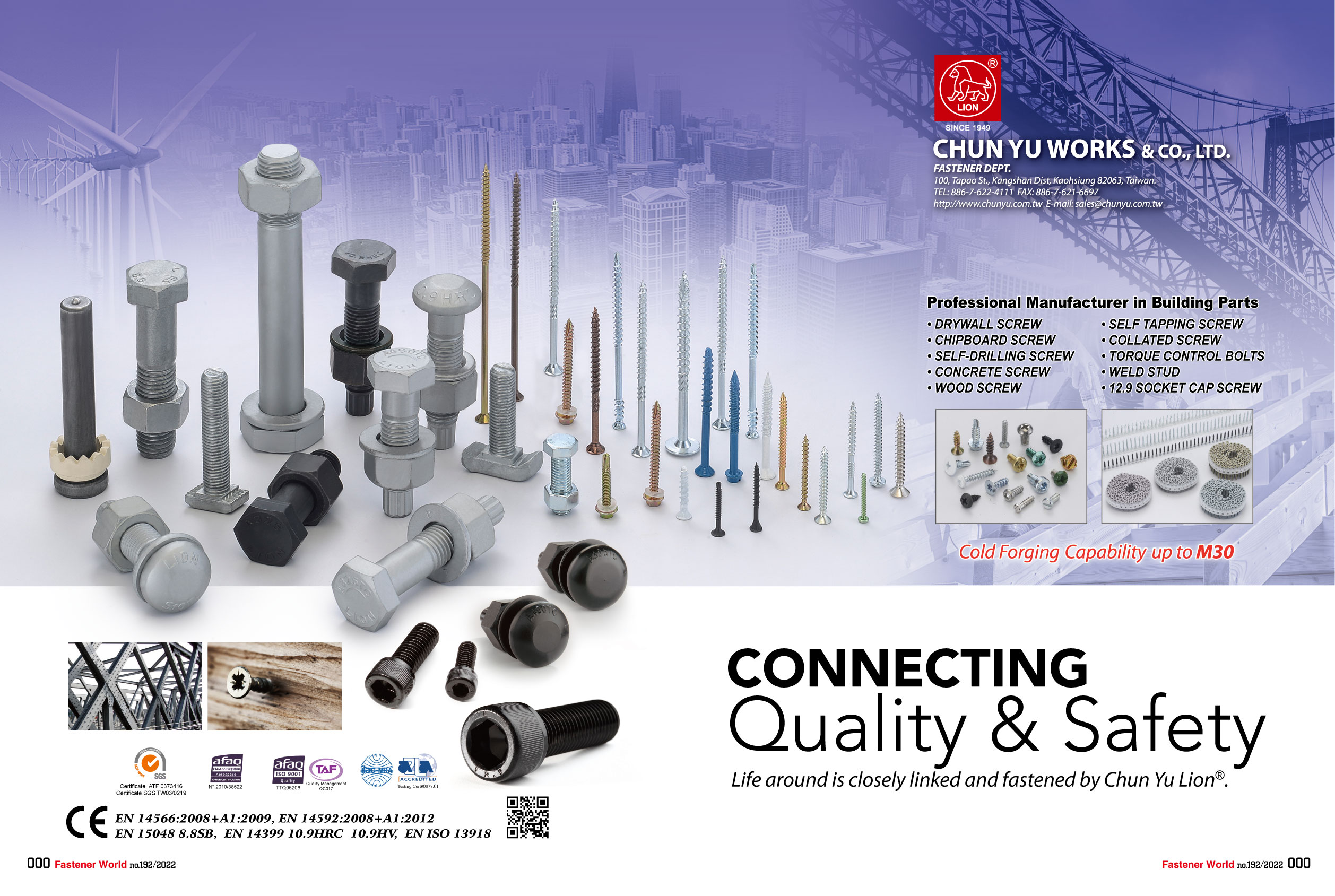 CHUN YU WORKS ＆ CO., LTD.  , Drywall Screws, Chipboard Screws, Self-Drilling Screws, Concrete Screws, Wood Screws, Self Tapping Screws, Collated Screws, Torque Control Bolts, Weld Stud, 12.9 Socket Cap Screws , Chipboard Screws