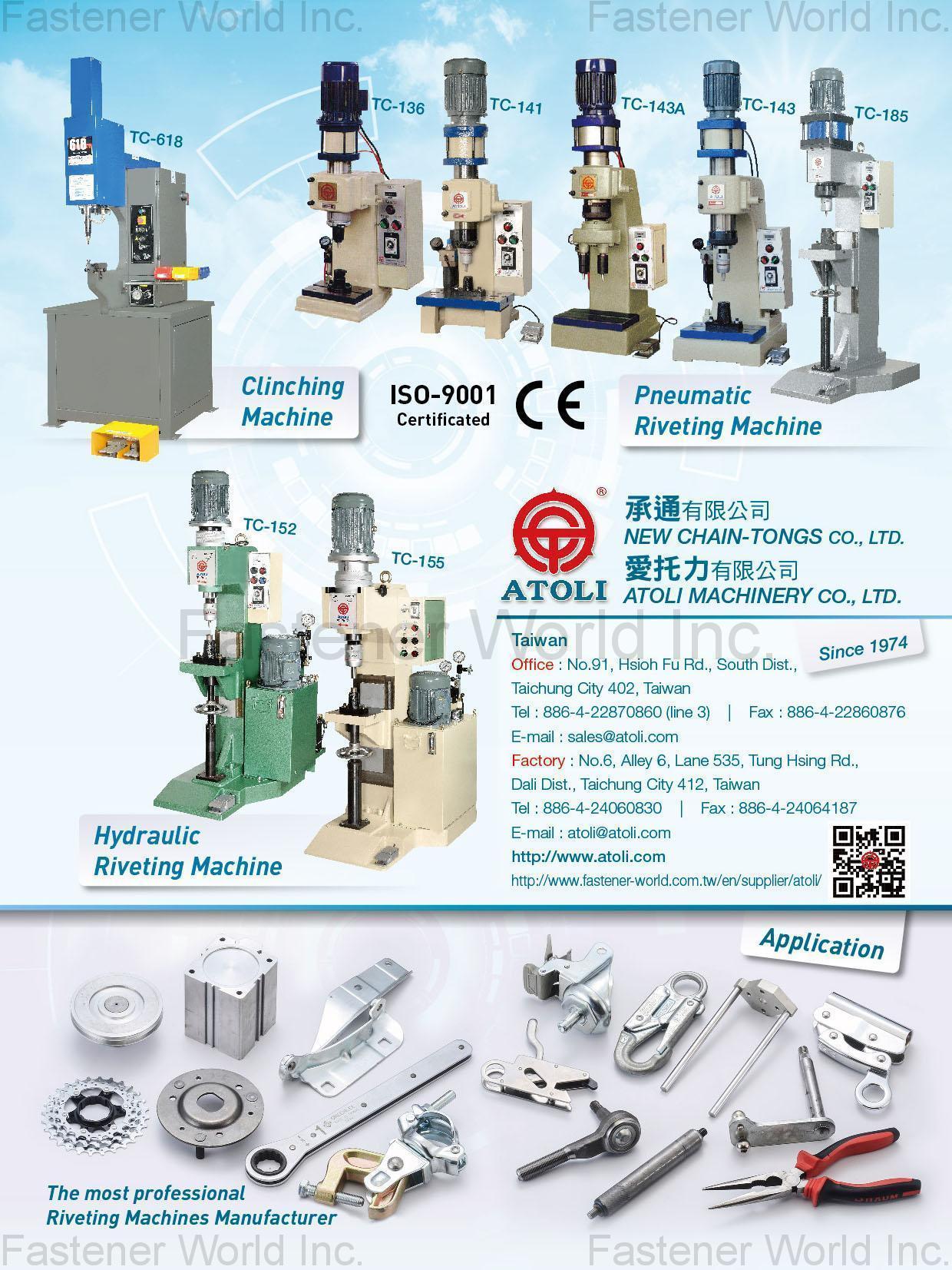 ATOLI MACHINERY CO., LTD. , Clinching Machine, Pneumatic Riveting Machine, Hydraulic Riveting Machine, Riveting Machine, Portable Magnetic Drilling Machine, Automatic Tapping Machine, Drilling Machine, Hole Cutter, Special Models , Pneumatic/hydraulic Riveters