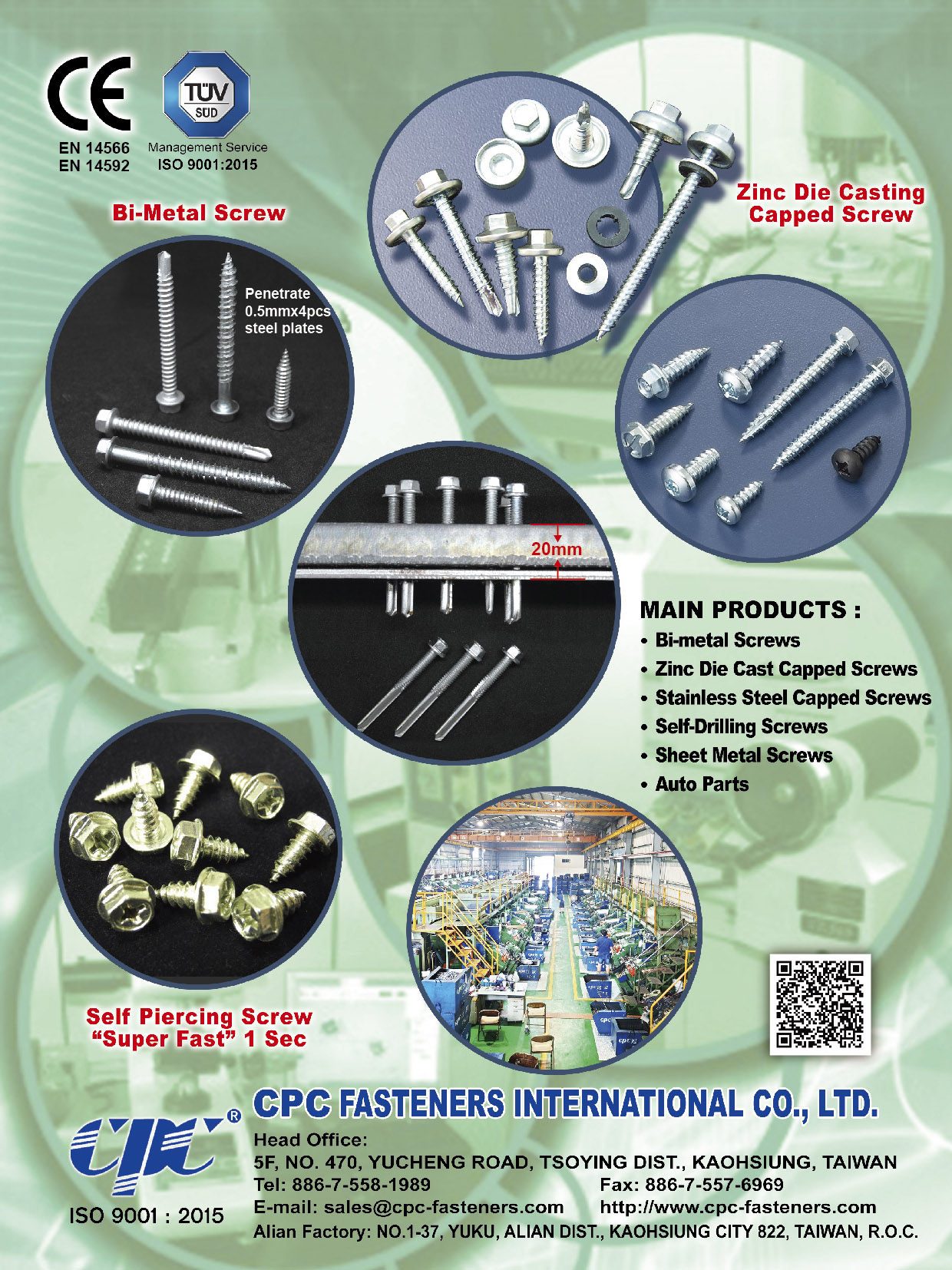 CPC FASTENERS INTERNATIONAL CO.,LTD.  , Bi-Metal Screws, Zinc Die Casting Capped Screw, Self Piercing Screw, Sheet Metal Screws, Self-Drilling Screws, Auto Parts, Stainless Steel Screws, Special Parts, Euro Screws , Bi-metal Screw