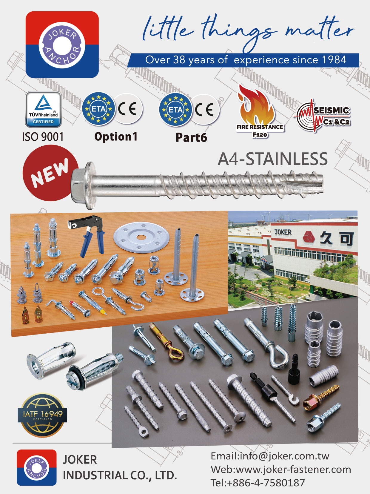JOKER INDUSTRIAL CO., LTD.  , Mechanical and Heavy Duty Anchors, Concrete screw anchor, SISSY STUD , Safety nail ceiling anchor, Sleeve anchor, Steel hammer anchor, SPENDARL, Hammer driver anchor, Screw in screw system anchor, SISSY ANCHOR, Lightweight and Plasterboard Fixings, Zinc alloy anchor, EASY ANCHOR, Hollow wall anchor, Express nail, Legs anchor, NEW FIXING, Metal Universal Plug, Rivet JACK NUT, Tool and Accessory, Hollow wall setting gun 1801, Hollow wall mounting tool 1802, Hollow wall setting tool 1803, Hollow wall mounting tool 1804, Insulation Fixing, Framework fasteners, Zinc alloy frame fixing, Metal frame  , Hollow Wall Anchors