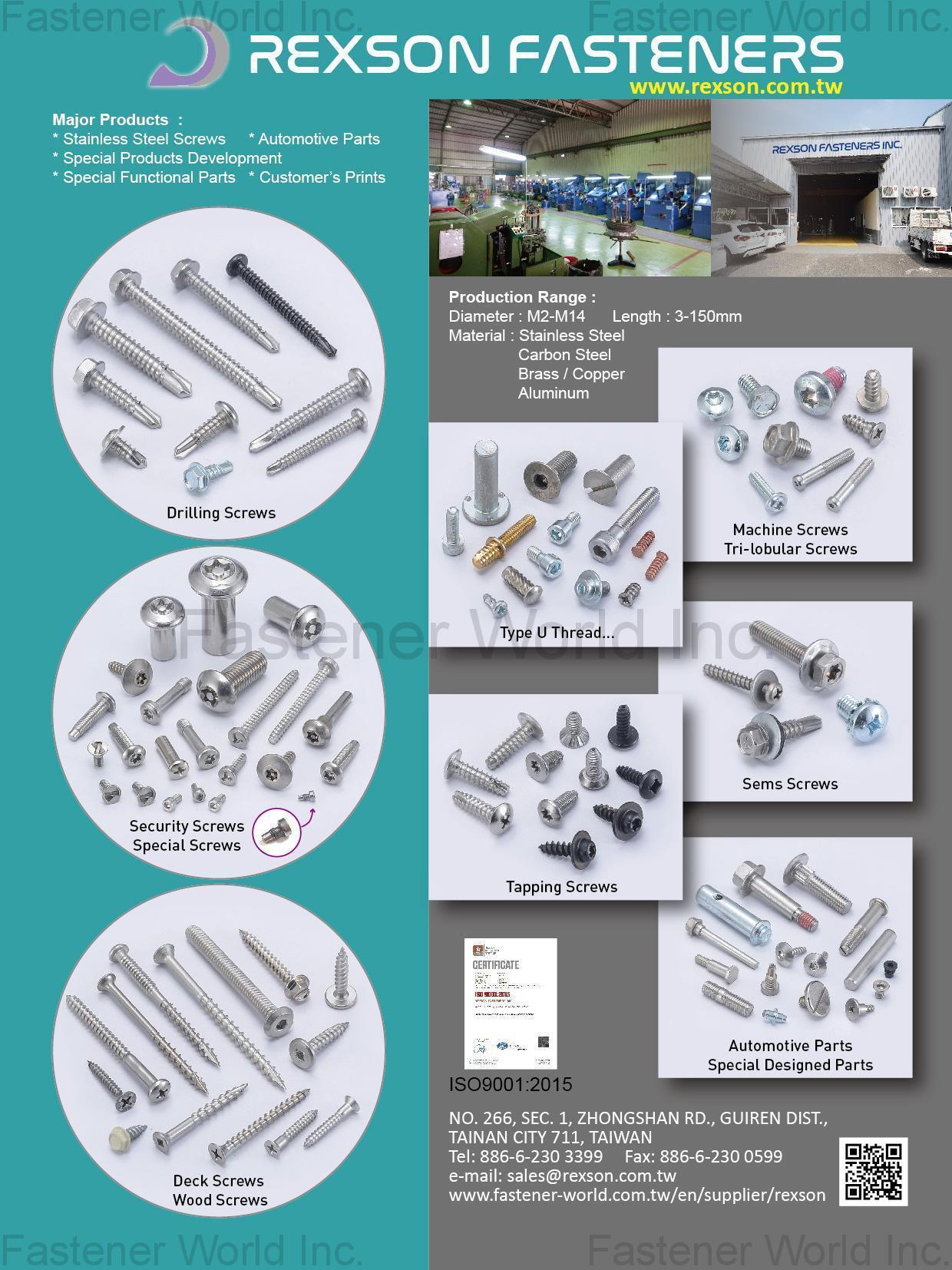 REXSON FASTENERS INC. , Stainless Steel Screws, Automotive Parts, Special Products Development, Special Functional Parts, Customer's Prints, Drilling Screws, Type U Thread, Security Screws, Special Screws, Deck Screws, Wood Screws, Tapping Screws, Machine Screws, Tri-lobular Screws, Sems Screws, Automotive Parts, Special Designed Parts , Special Screws