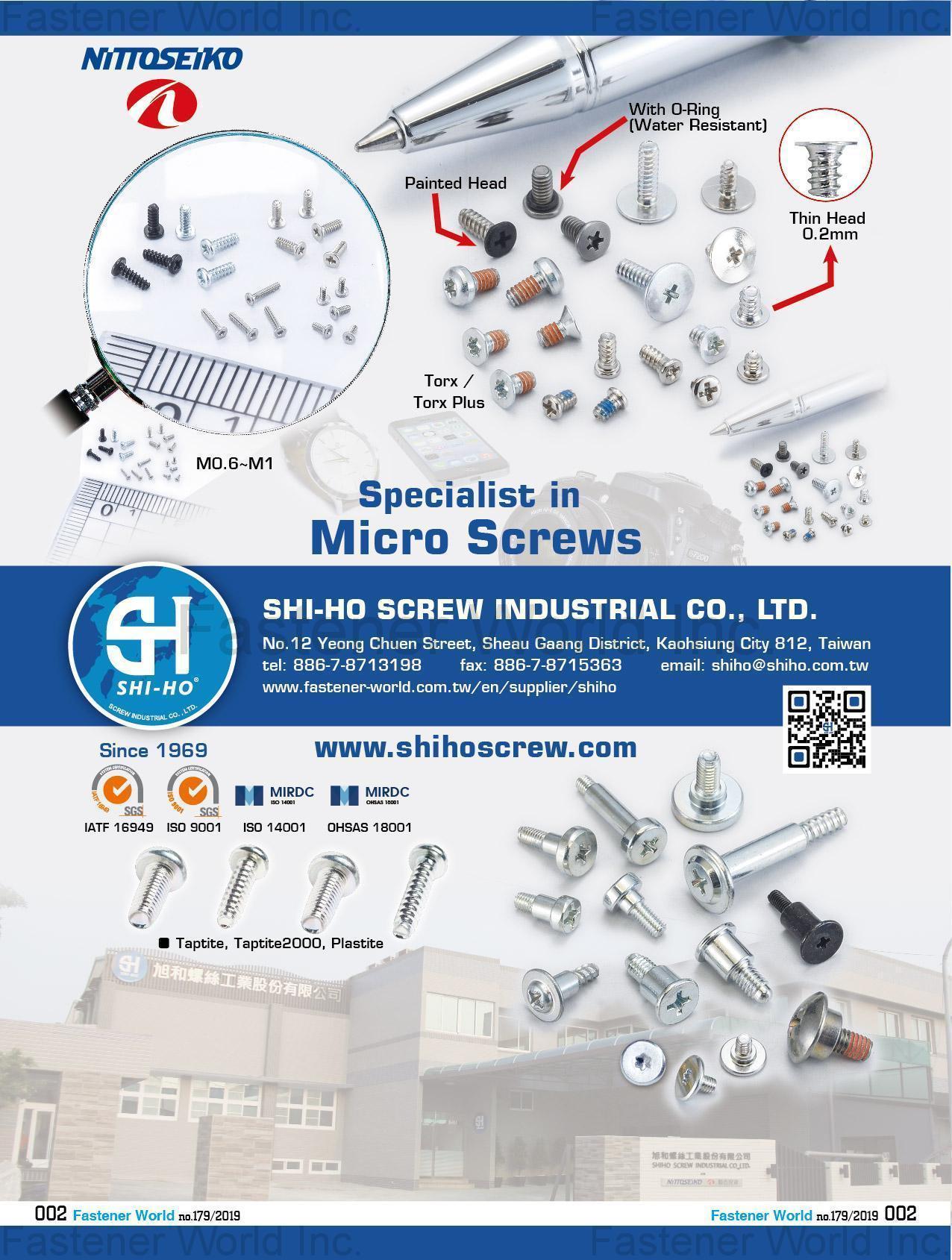 SHI-HO SCREW INDUSTRIAL CO., LTD. , Micro Screws, Torx, TRI-LOBULAR, TRI-LOBULAR2000, Plastite , Micro Forming Parts