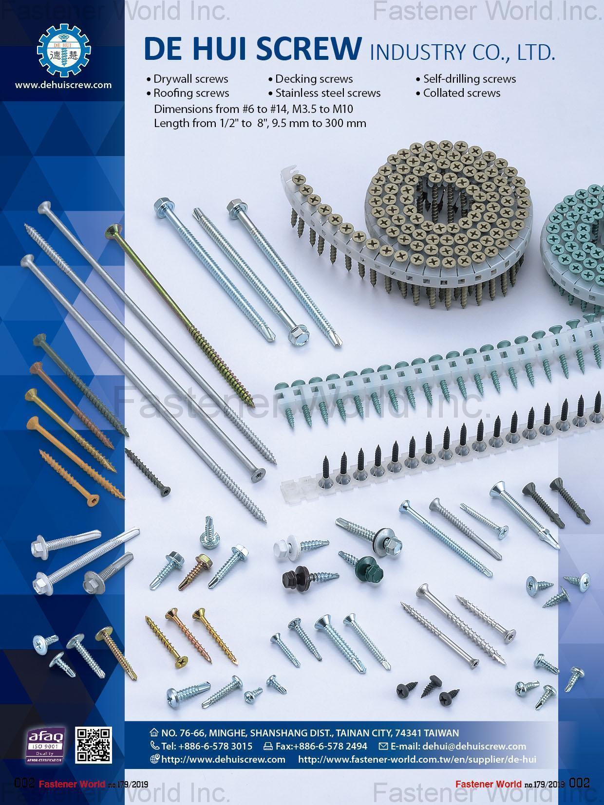 DE HUI Screw Industry Co., Ltd , Drywall Screws, Roofing Screws, Decking Screws, Stainless Steel Screws, Self-Drilling Screws, Collated Screws , Drywall Screws