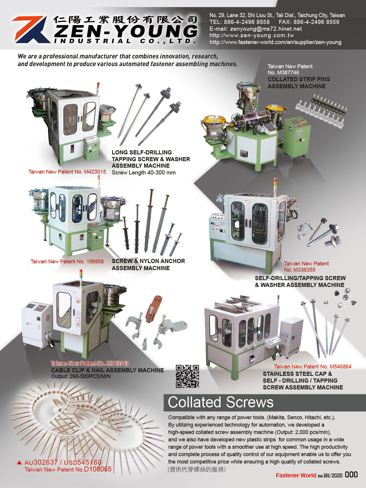 ZEN-YOUNG INDUSTRIAL CO., LTD.  , Long Self-Drilling Tapping Screw & Washer Assembly Machine,Collated Strip Pins Assembly Machine,Screw & Nylon Anchor Assembly Machine,Self-Drilling/Tapping Screw & Washer Assembly Machine,Cable Clip & Nail Assembly Machine,Stainless Steel Cap & Self-Drilling/Tapping Screw Assembly Machine,Collated Screws , Collated Strip Pin Assembly Machine