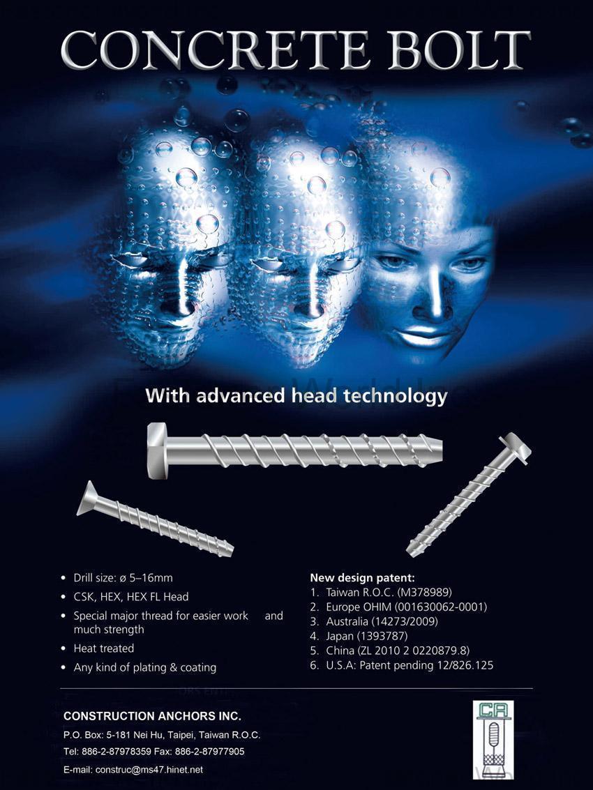 CONSTRUCTION ANCHORS INC. , Concrete Bolt , Bi-metal Concrete Screw Anchors CONSTRUCTION ANCHORS INC. , Concrete Bolt , Bi-metal Concrete Screw Anchors