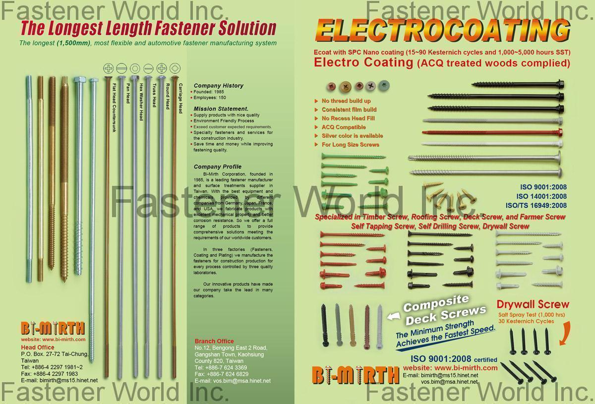 BI-MIRTH CORPORATION , Long Fasteners, Electrocoating , Bi-metal Screw