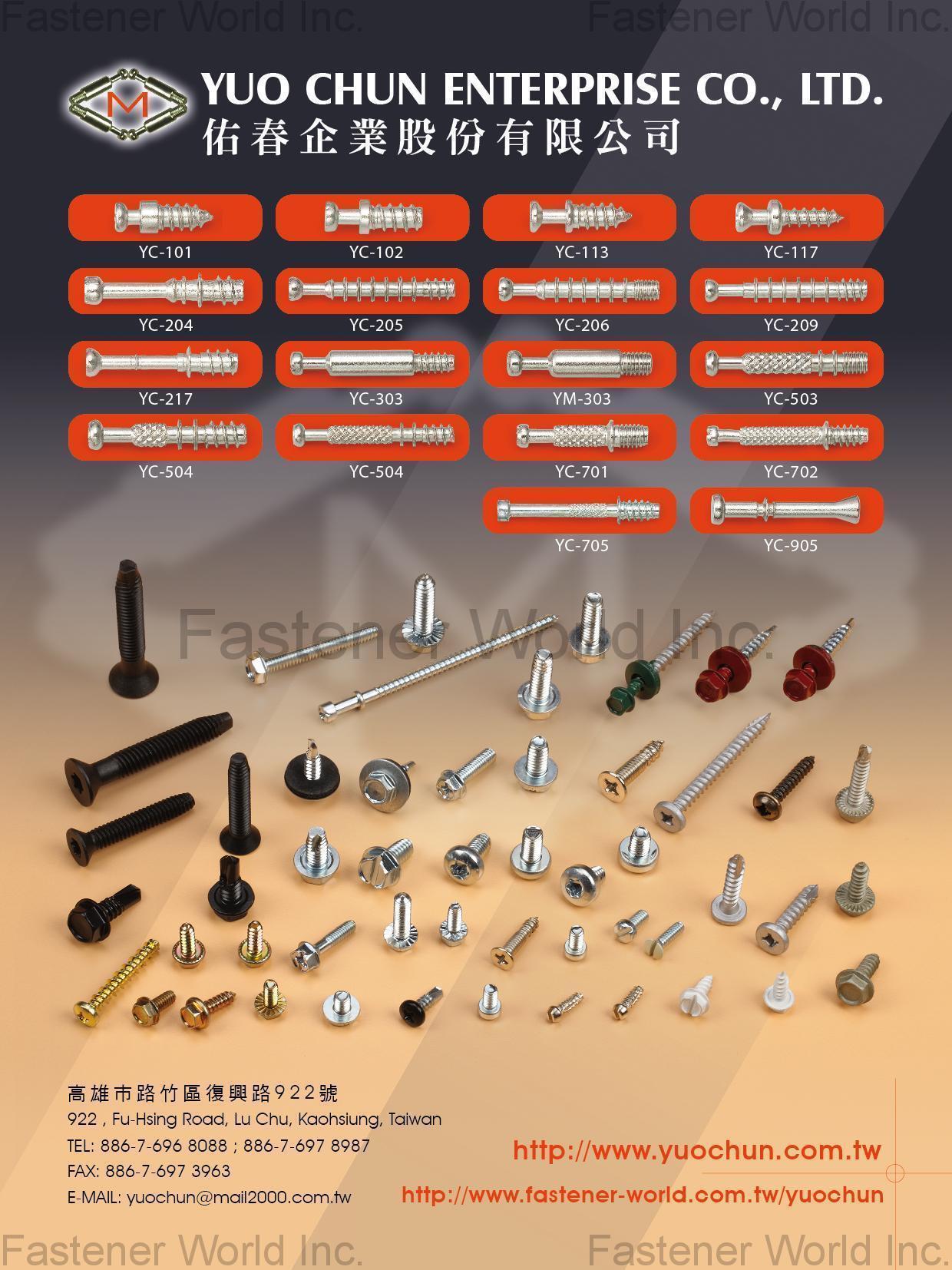 YUO CHUN ENTERPRISE CO., LTD.  , Tapping Screw, TRI-LOBULAR Thread Screw, Self-Tapping Screw, Machine Screw, Self-Drilling Screw, High-Low Screw, Wood Screw, SEMI-GIMLET Point Screw, Saw Slot, Fitting Dowel, Collated Screws , Triangular Thread Screws