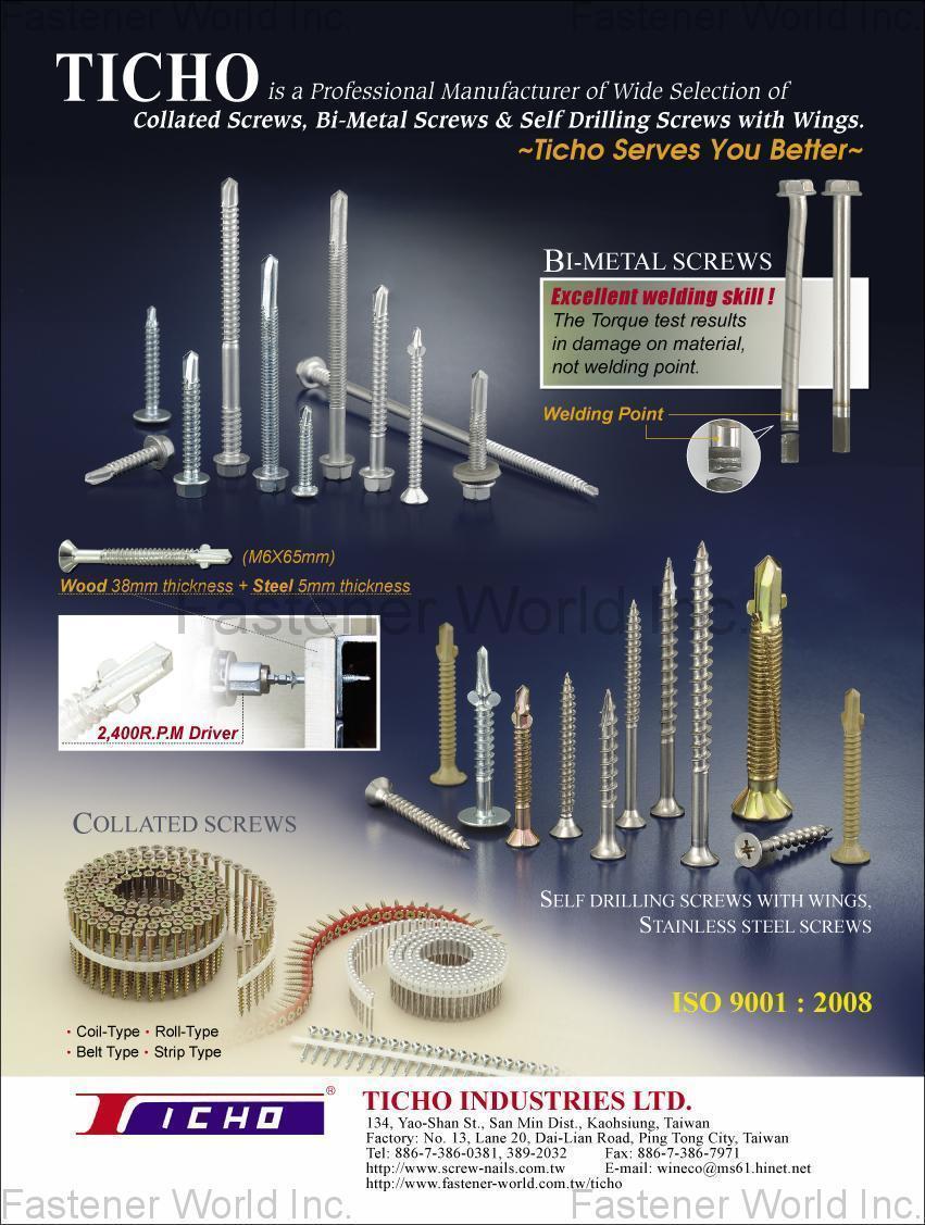 K. TICHO INDUSTRIES CO., LTD.  , Bi-Metal Screws, Collated Screws, Self Drilling Screw with Wings, Stainless Steel Screws , Collated Screws