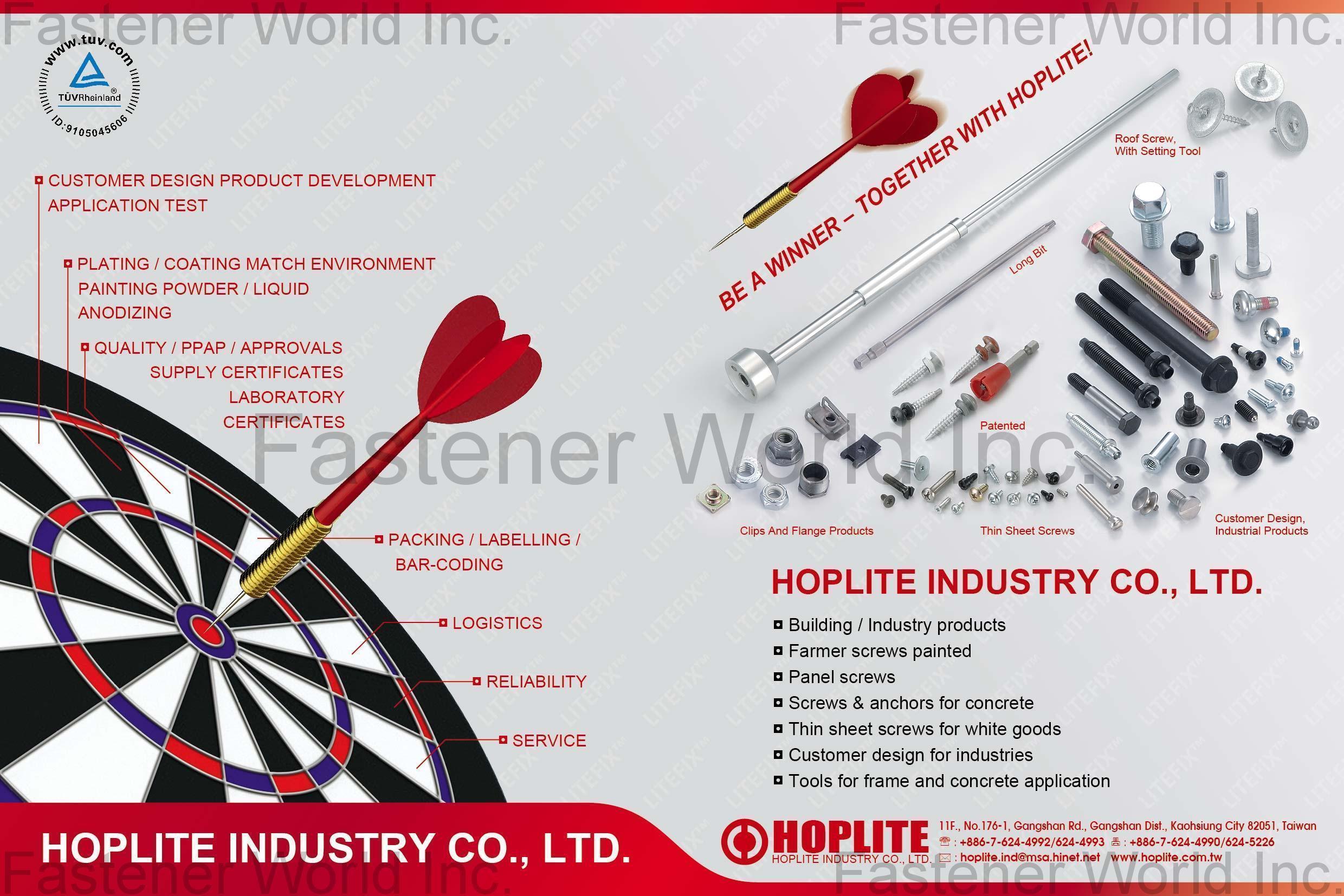 HOPLITE INDUSTRY CO., LTD , Building / Industry products, Farmer screws painted, Panel screws, Screws & anchors for concrete, Thin sheet screws for white goods, Customer design for industries, Tools for frame and concrete application , Customized Special Screws / Bolts