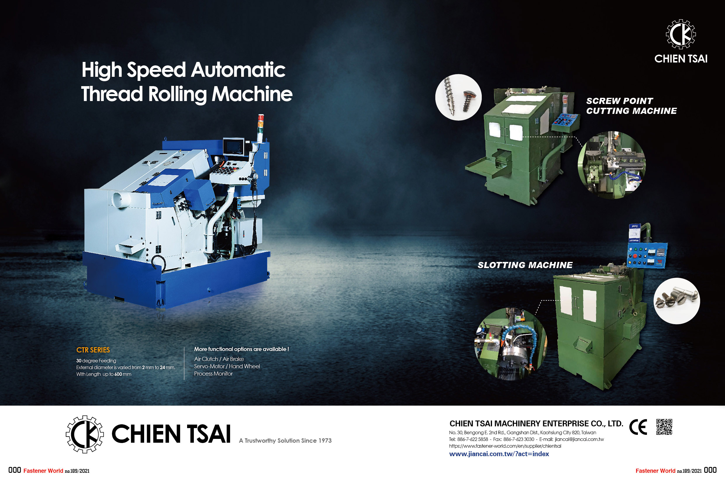 CHIEN TSAI MACHINERY ENTERPRISE CO., LTD. , High Speed Automatic Thread Rolling Machine, Screw Point Cutting Machine, Slotting Machine , Thread Rolling Machine