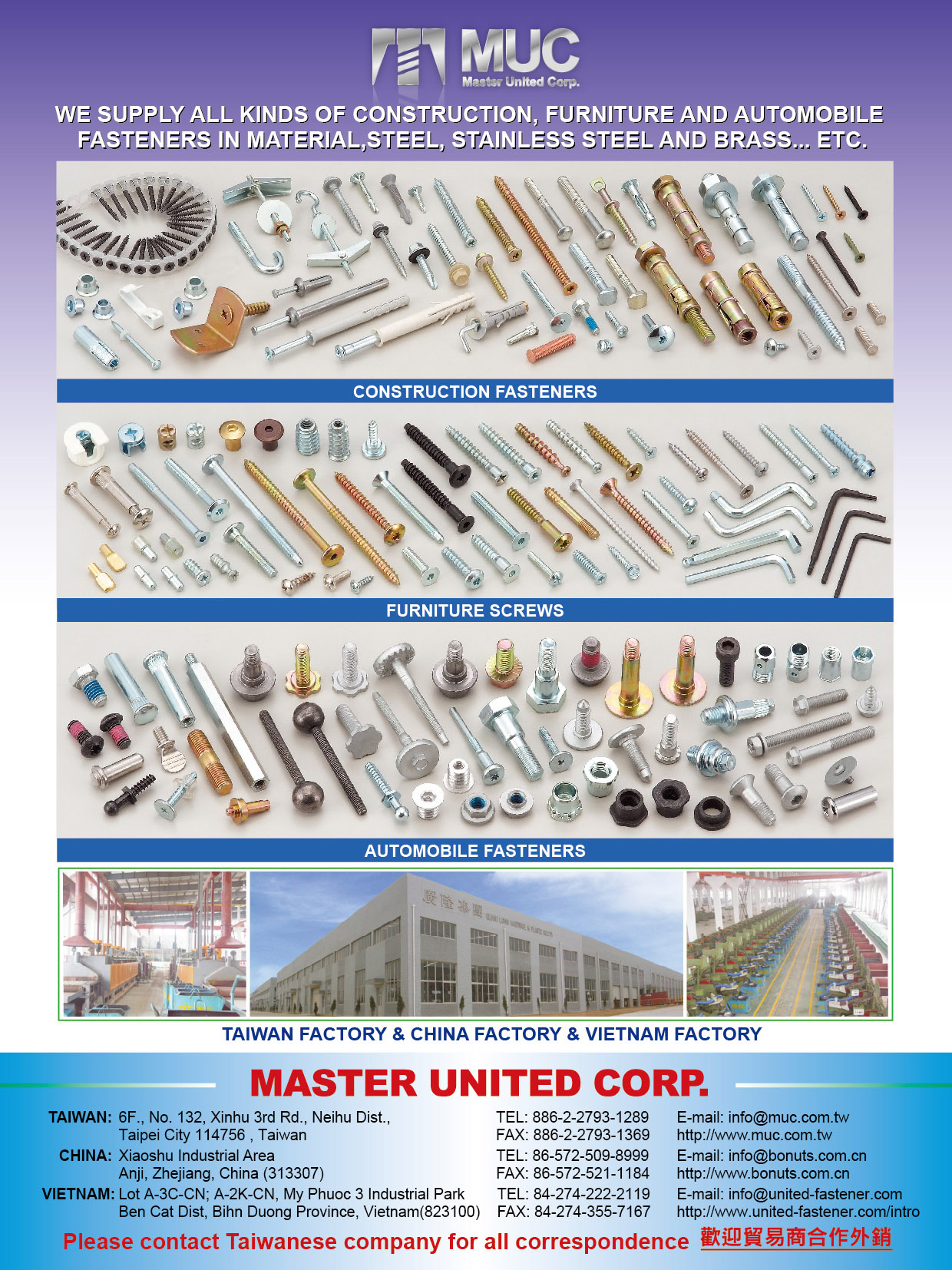 MASTER UNITED CORP.  , Construction Fastener, Furniture Screws, Automobile Fasteners , Construction Fasteners