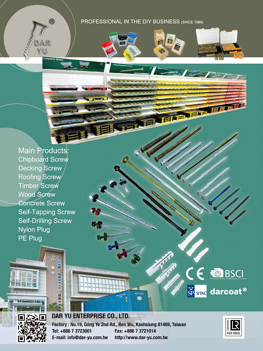 DAR YU ENTERPRISE CO., LTD.  , Chipboard Screw, Decking Screw, Roofing Screw, Timber Screw, Wood Screw, Concrete Screw, Self-Tapping Screw, Self-Drilling Screw, Nylon Plug, PE Plug, PP Boxes, PET Jars, Plastic Products , Deck Screws