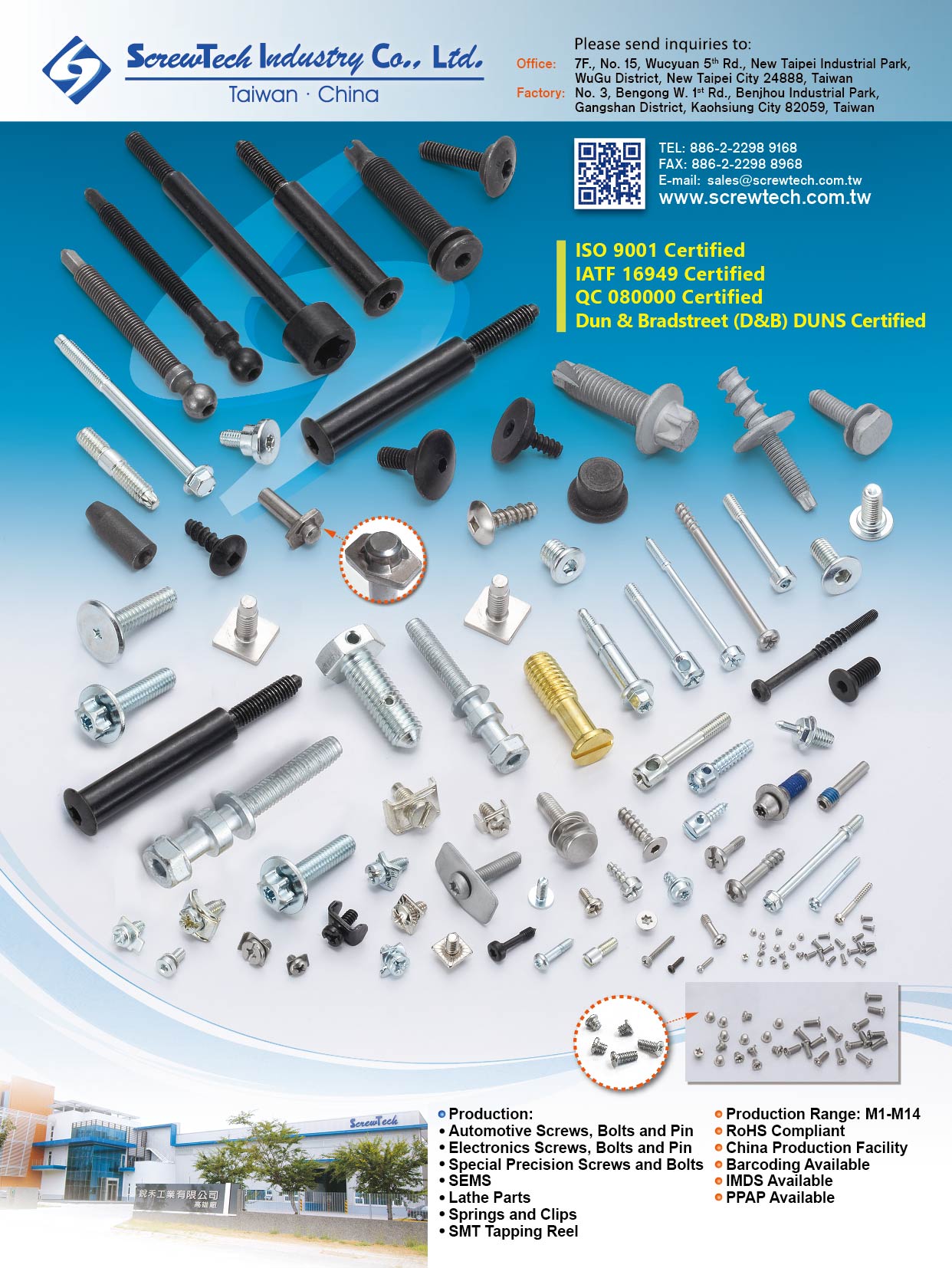 SCREWTECH INDUSTRY CO., LTD.  , Automotive Screws, Automotive Bolts, Automotive Pin, Electronic Screws, Electronic Bolts, Electronic Pin, Special Precision Screws, Special Precision Bolts, SEMS, Lathe Parts, Springs and Clips, SMT Tapping Reel , Automotive Screws