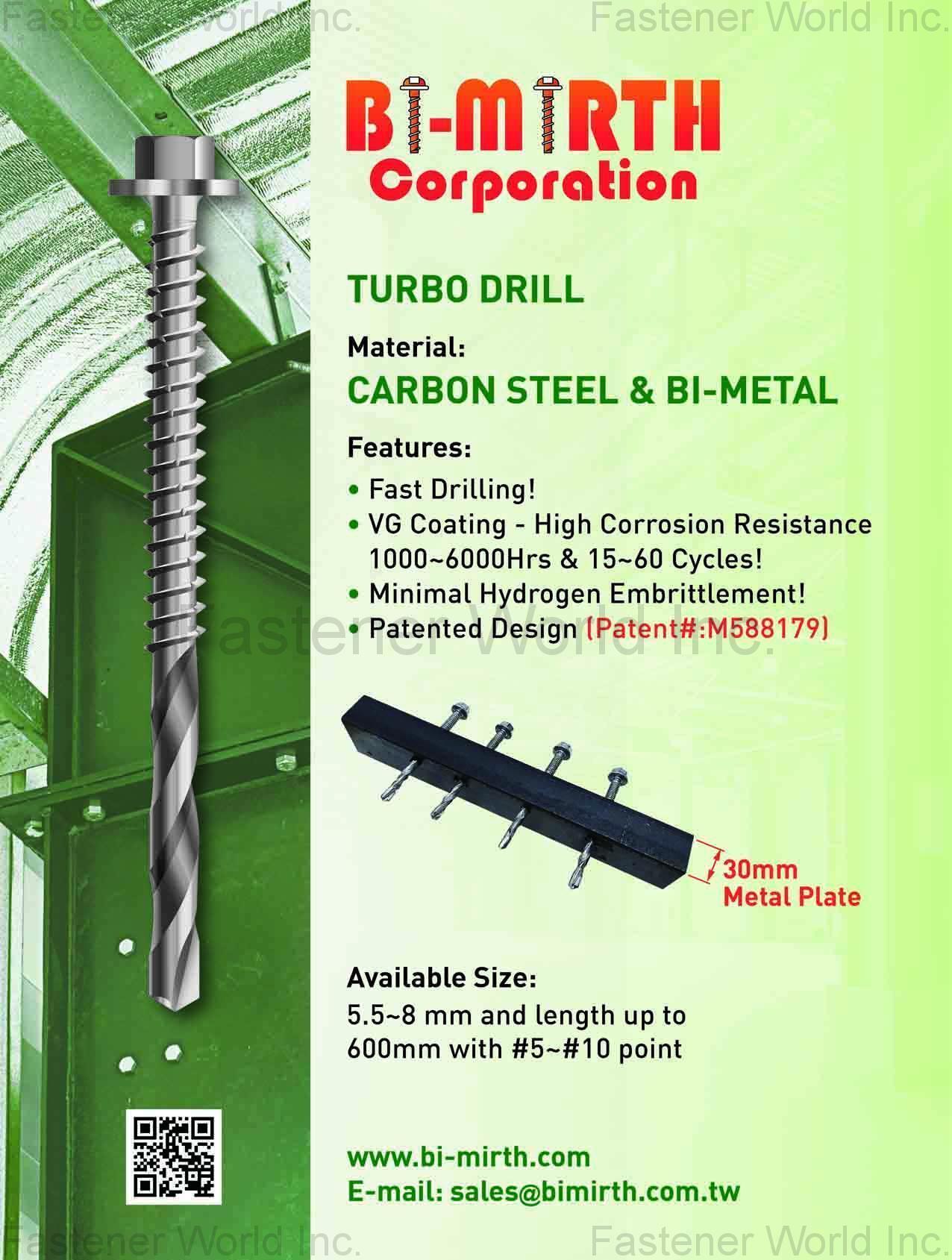 BI-MIRTH CORPORATION , Turbo Drill , Bi-metal Self-drilling Screws