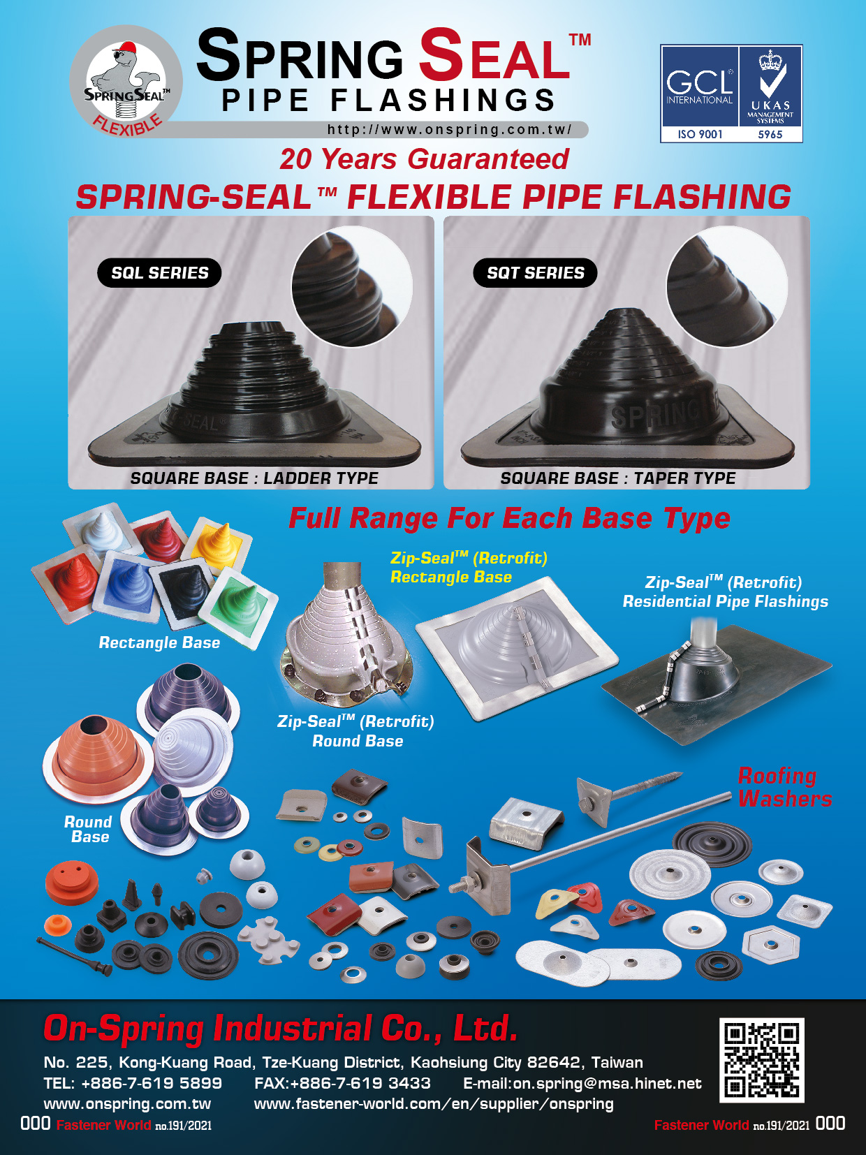 ON-SPRING INDUSTRIAL CO., LTD. , Spring-Seal Flexible Pipe Flashing, Rectangle Base, Zip-Seal (Retrofit) Round Base, Zip-Seal (Retrofit) Rectangle Base, Zip-Seal (Retrofit) Residential Pipe Flashings, Round Base, Roofing Washers
