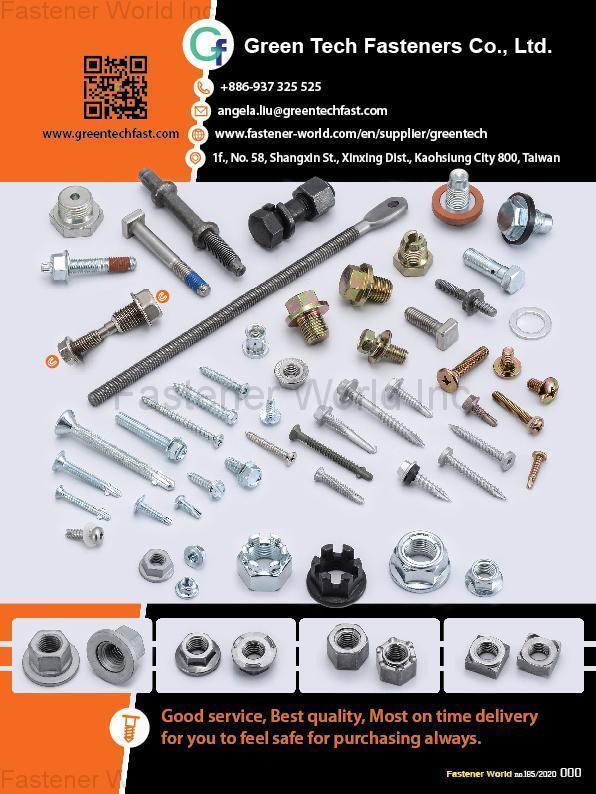 GREEN TECH FASTENERS CO., LTD. , Self Drilling Screws, Self Metal Screw, Window Screw, Thread Forming Screw, TRI-LOBULAR, Machine Screw, Sems, Customized Special Items, Hex Nuts, Square Nuts, Weld Nuts, All Metal Prevailing Torque Nuts, Flange Nuts, Conical Nuts, T Nuts, Customized Special Parts
