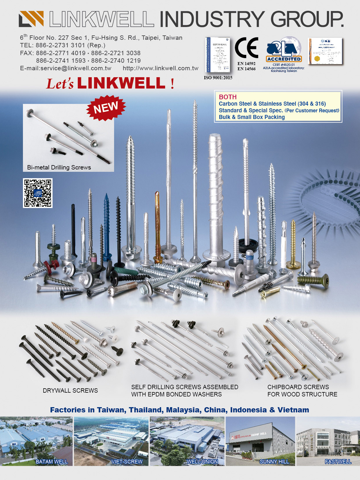 LINKWELL INDUSTRY CO., LTD. , Bi-metal Drilling Screws, Drywall Screws, Self Drilling Screws Assembled with EPDM Bonded Washers, Chipboard Screws for Wood Structure