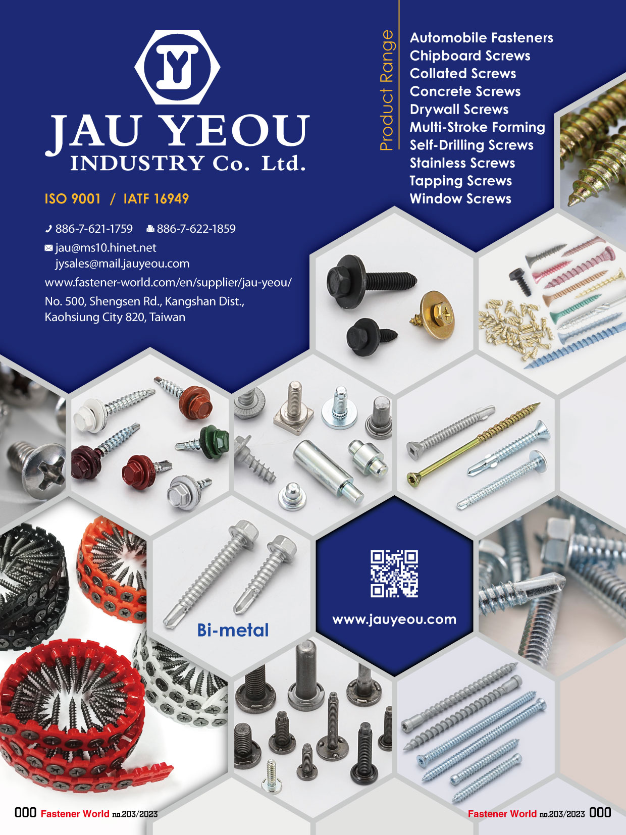 JAU YEOU INDUSTRY CO., LTD. , Automobile Fasteners, Chipboard Screws, Collated Screws, Concrete Screws, Drywall Screws, Multi-Stroke Forming, Self-Drilling Screws, Tapping Screws, Window Screws