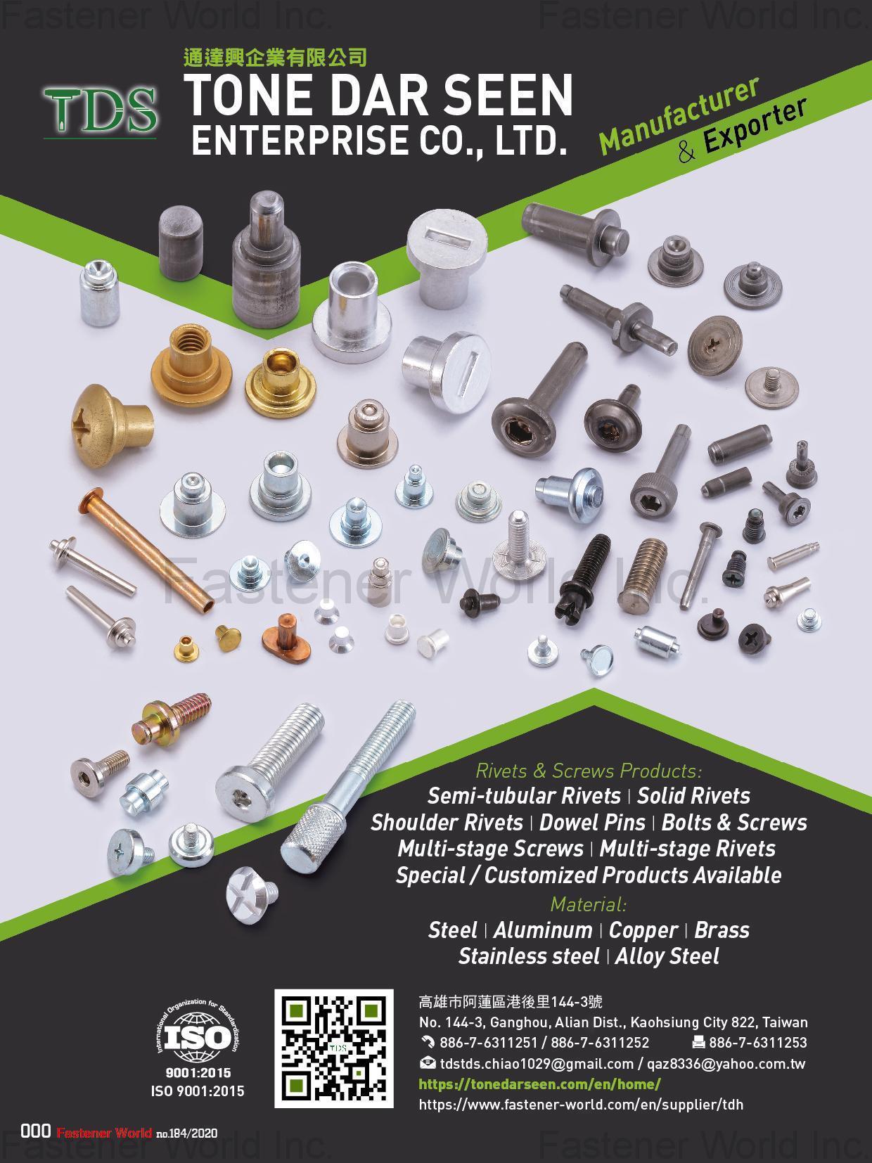 TONE DAR SEEN ENTERPRISE CO., LTD. , Semi-tubular Rivets, Solid Rivets, Shoulder Rivets, Dowel Pins, Bolts, Screws, Multi-stage Screws, Special/Customized Products