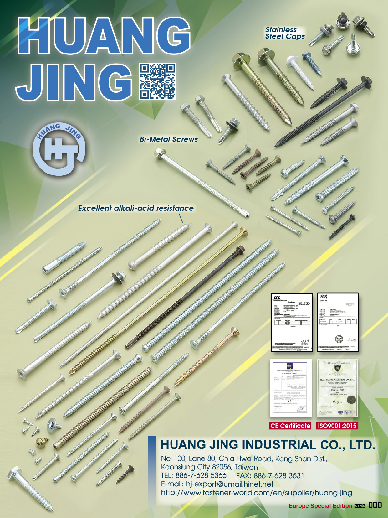 HUANG JING INDUSTRIAL CO., LTD.  , Stainless Steel Caps, Bi-Metal Screws, Excellent Alkali-acid Resistance
