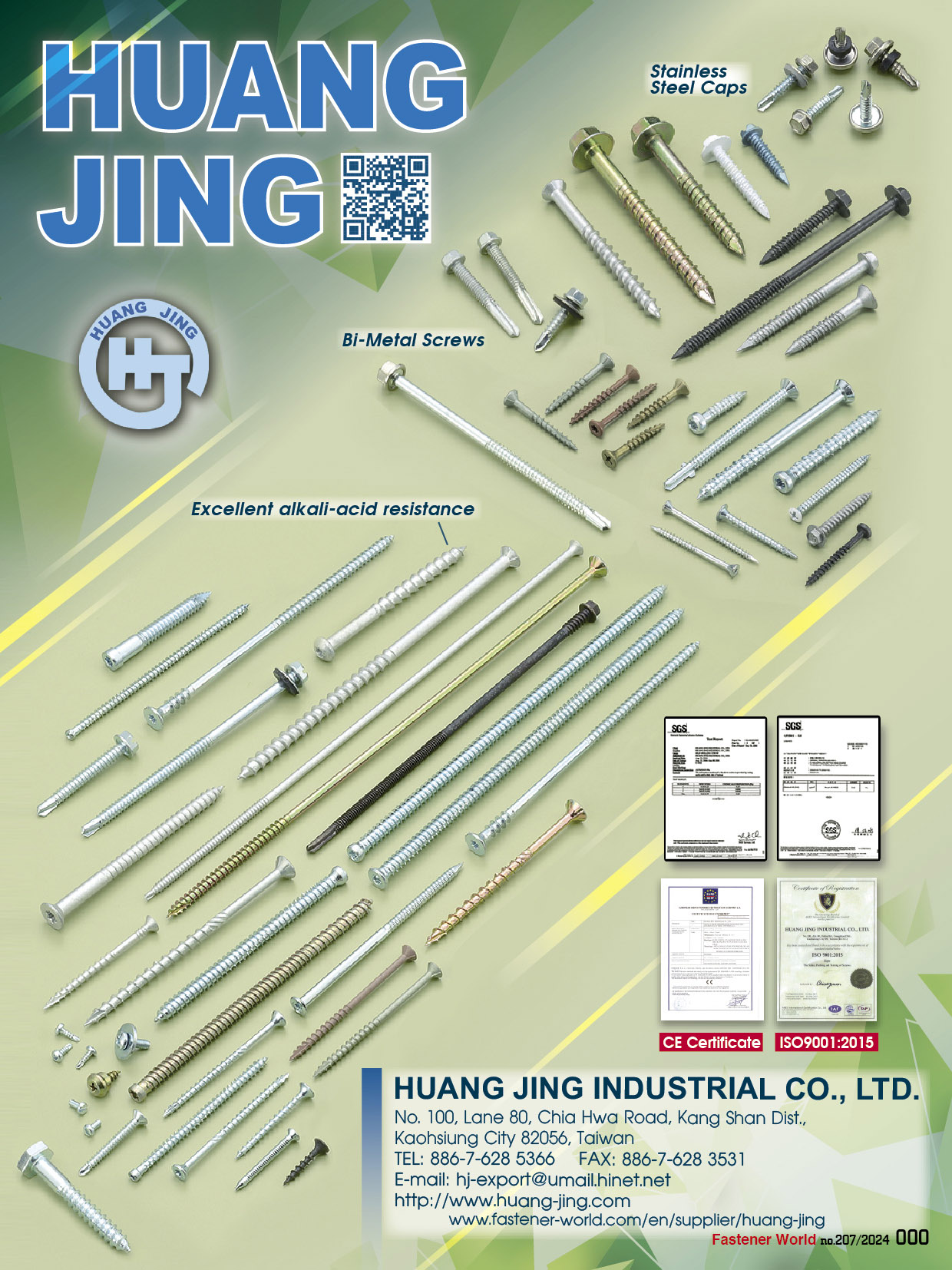 HUANG JING INDUSTRIAL CO., LTD.  , Stainless Steel Caps, Bi-Metal Screws, Excellent Alkali-acid Resistance