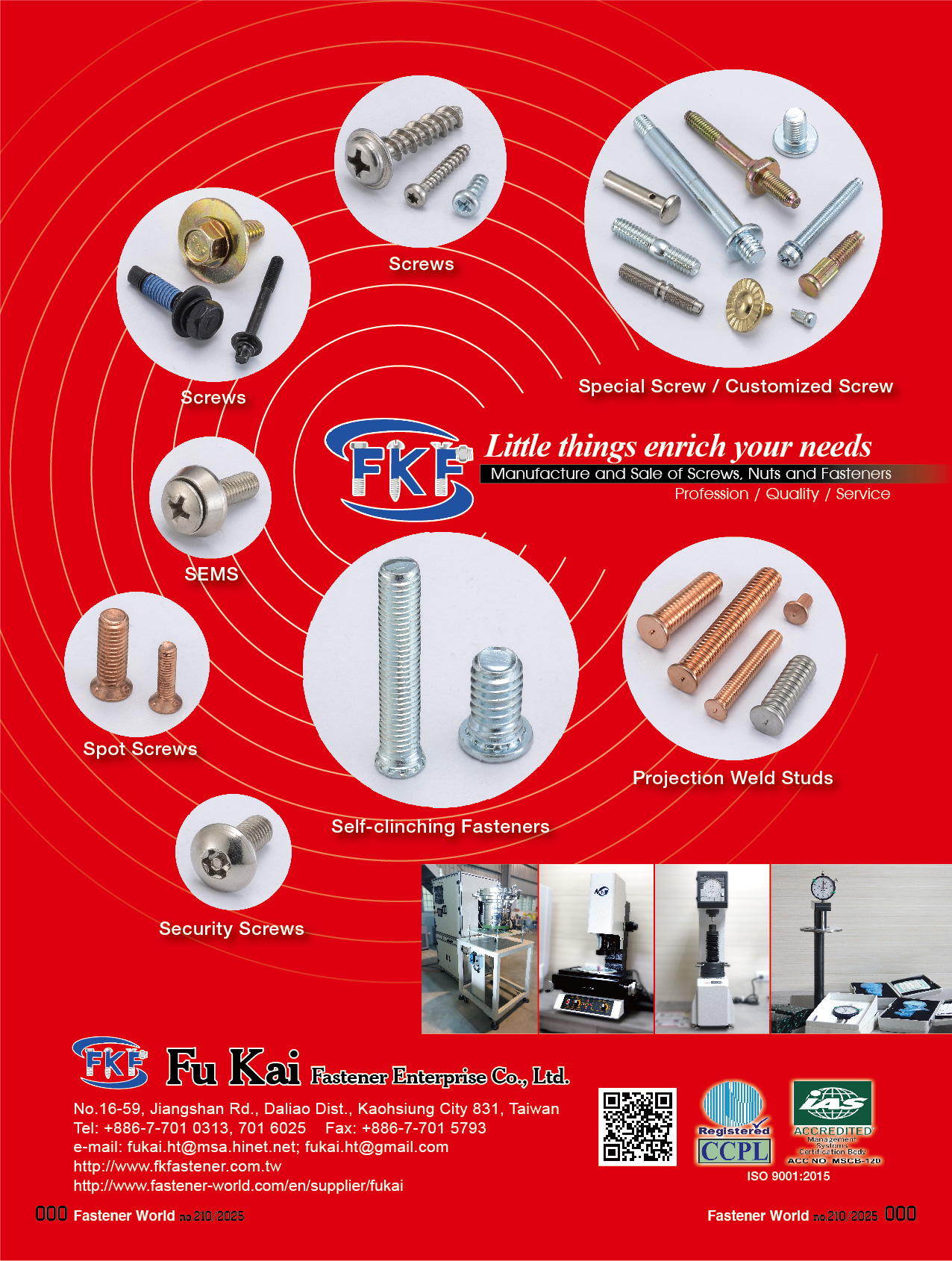 FU KAI FASTENER ENTERPRISE CO., LTD. , Weld Studs, Tapping Screws, Sems Screws, Special Screws, Torx Screws, Security Screws, Projection Weld Studs, Self-clinching Fasteners