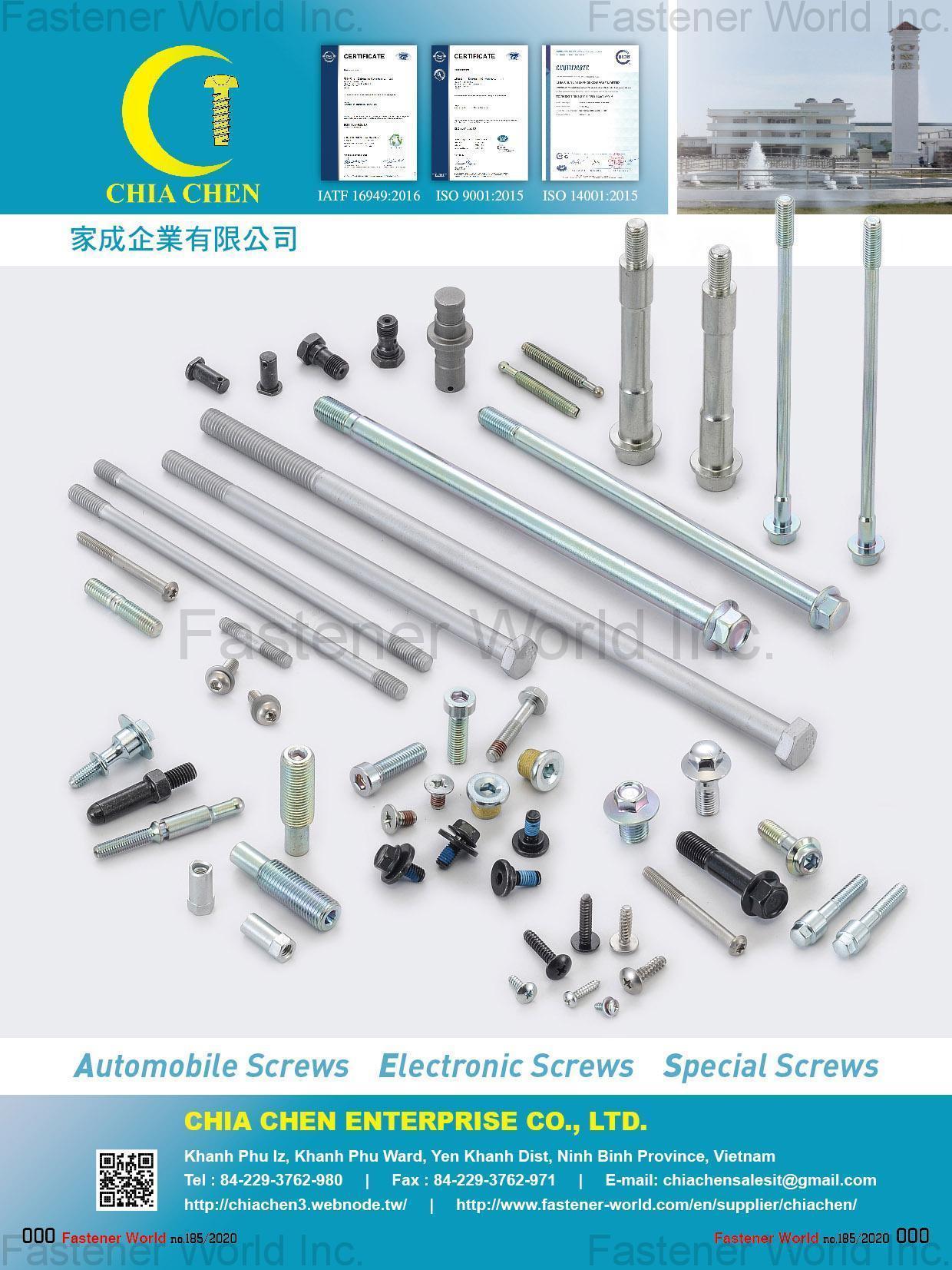 CHIA CHEN ENTERPRISE CO., LTD. , Automobile Screws, Electronic Screws, Special Screws, Machine screws, SEMS screws, Wood screws, Self-tapping screws, Drywall screws, Hex Bolts, Hex Socket Bolts, Studs, Nuts