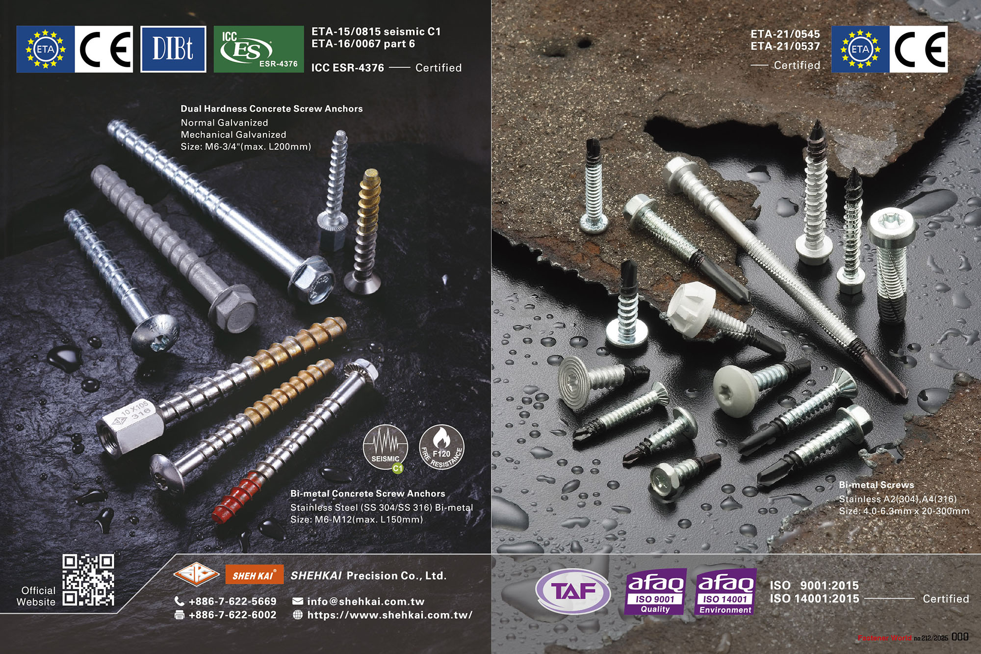 SHEH KAI PRECISION CO., LTD.  , Bi-Metal Self-Drilling Screws, Bi-Metal Concrete Screw Anchors, Dual-Hardness Concrete Screw Anchors