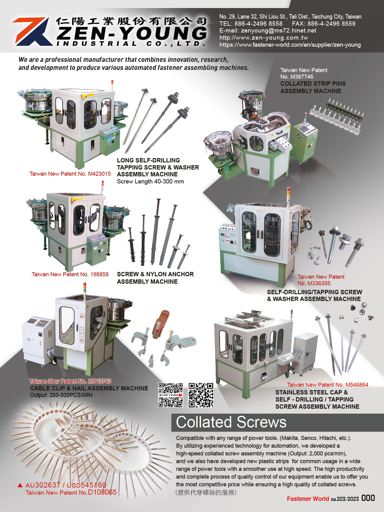 ZEN-YOUNG INDUSTRIAL CO., LTD.  , Screw & Nylon Anchor Assembly Machine, Long Self-Drilling Tapping Screw & Washer Assembly Machine, Collated Strip Pins Assembly Machine, Cable Clip & Nail Assembly Machine, Stainless Steel Cap & Self - Drilling / Tapping Screw Assembly Machine