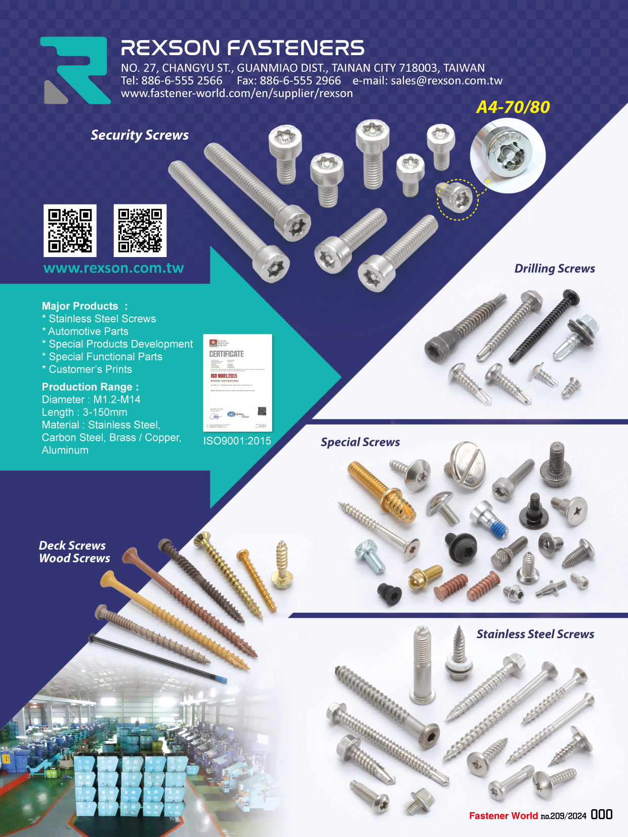 REXSON FASTENERS INC. , Deck Screws, Wood Screws, Security Screws, Special Screws, Drilling Screws, Tapping Screws, Type U Drive Screws, Stainless Steel Screws, Automotive Parts, Special Products Development, Special Functional Parts, Customer's Prints