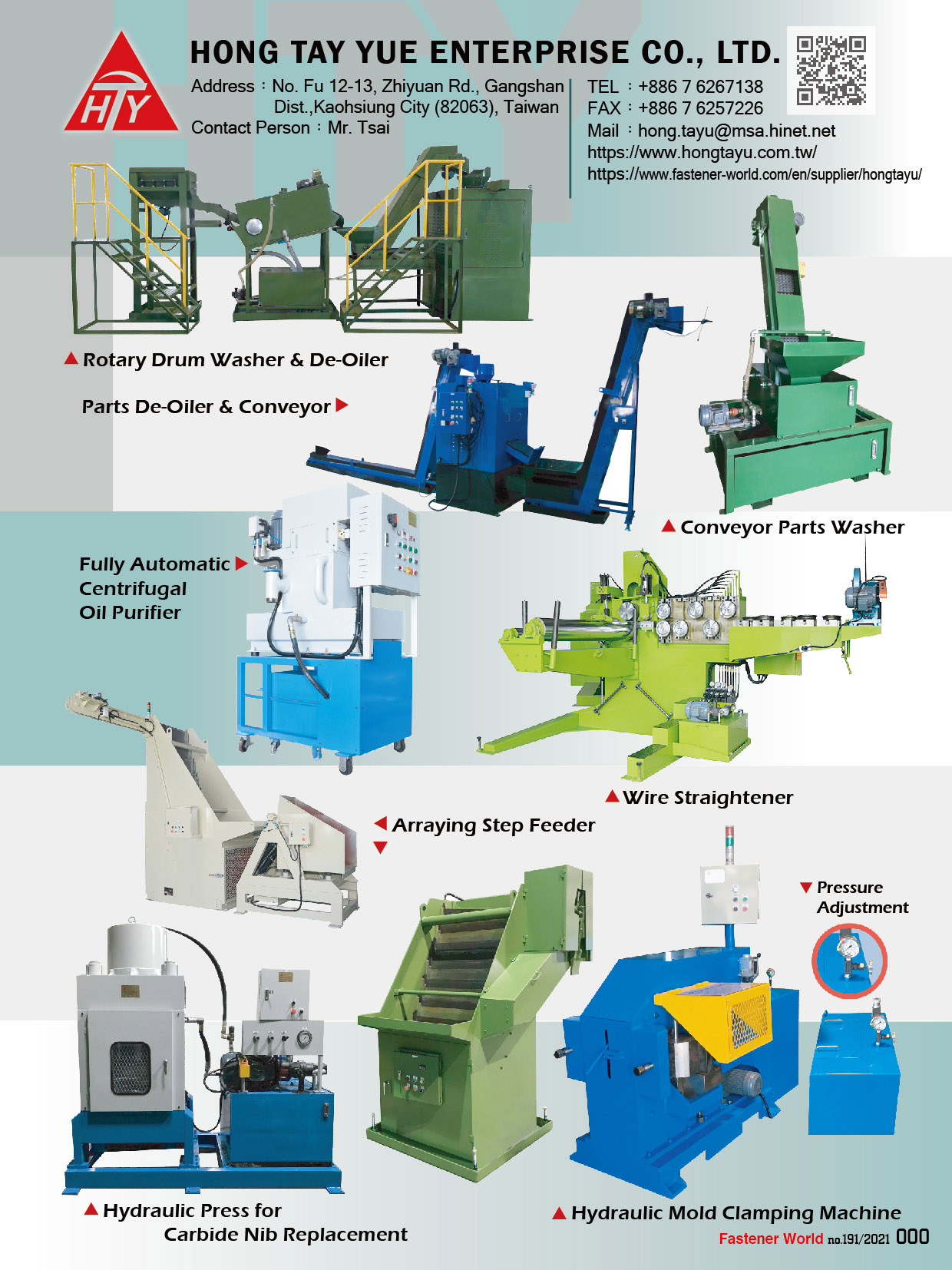 HONG TAY YUE ENTERPRISE CO., LTD. , Hydraulic Mold Clamping Machine, Rotary Drum Washer & De - Oiler, Conveyor Parts Washer, De - Oiler, Wire Straightener, Arraying Step Feeder, Sorting Roller with Box Packing System, Hydraulic Press for Carbide Nib Replacement