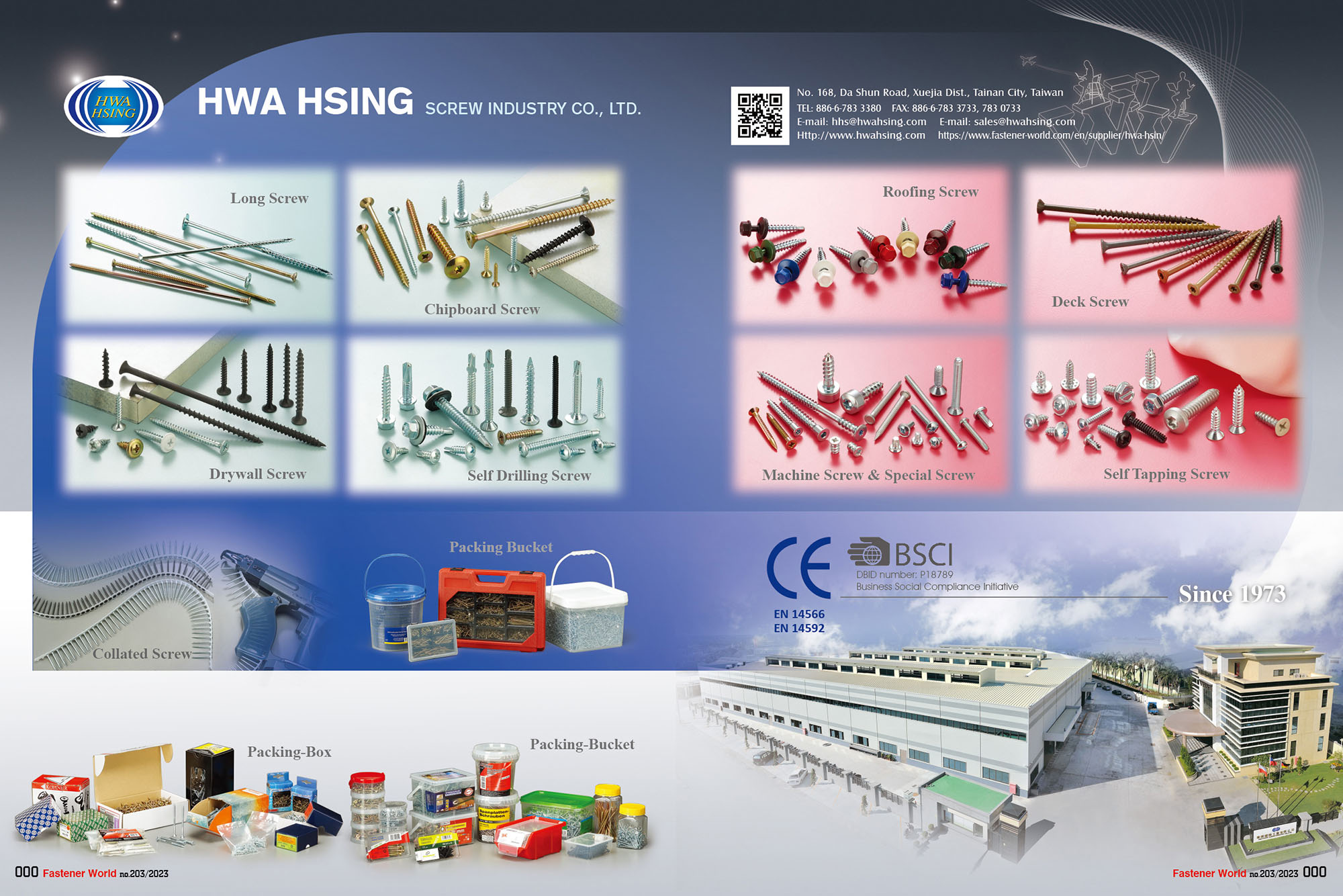 HWA HSING SCREW INDUSTRY CO., LTD.  , Long Screw, Chipboard Screw, Roofing Screw, Deck Screw,Drywall Screw,Self Drilling Screw,Machine Screw & Special Screw,Self Tapping Screw,Collated Screw,Packing Bucket,Packing-Box