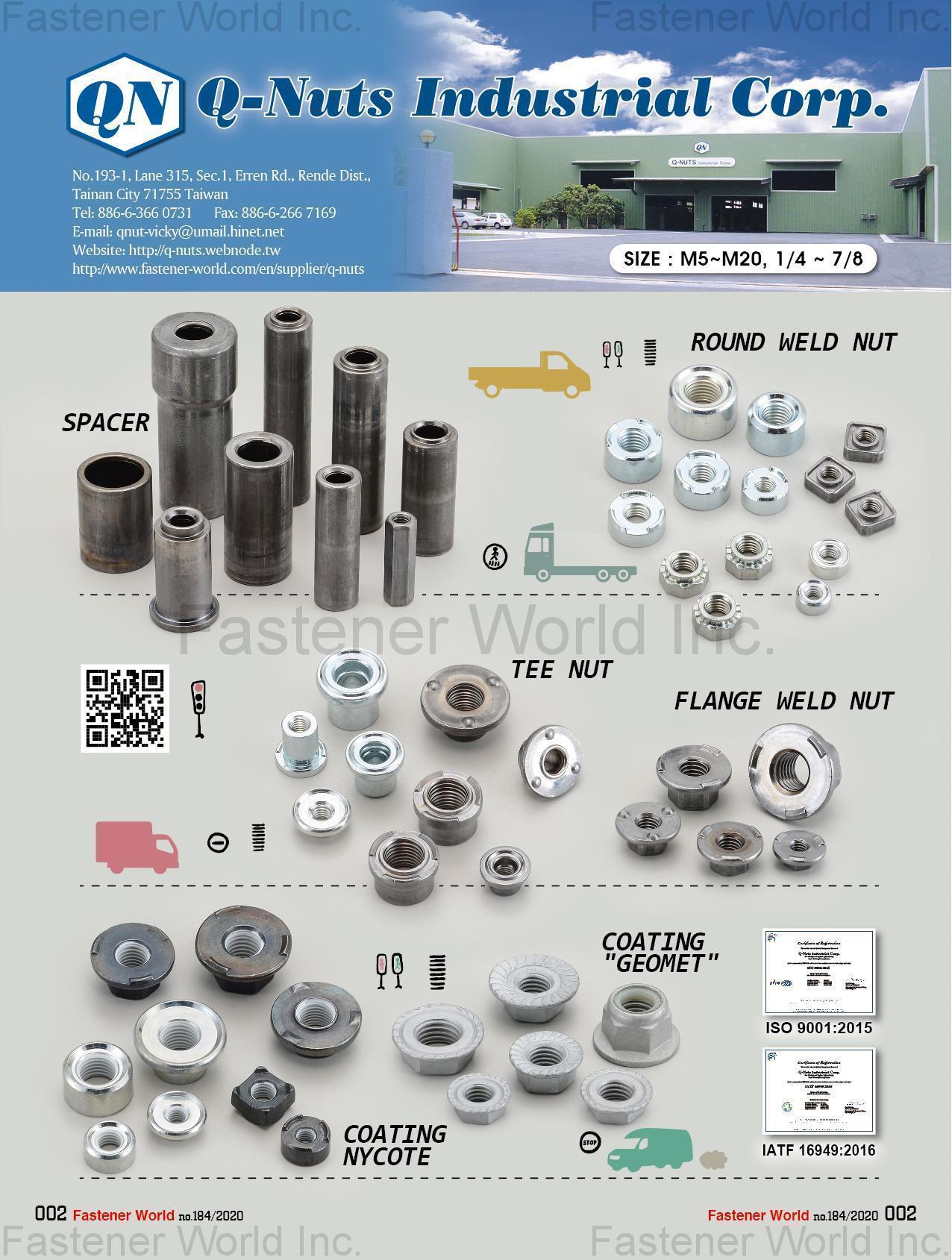 Q-NUTS INDUSTRIAL CORP. , Spacer, Round Weld Nut, Tee Nut, Flange Weld Nut, Coating GEOMET, COATING NYCOTE