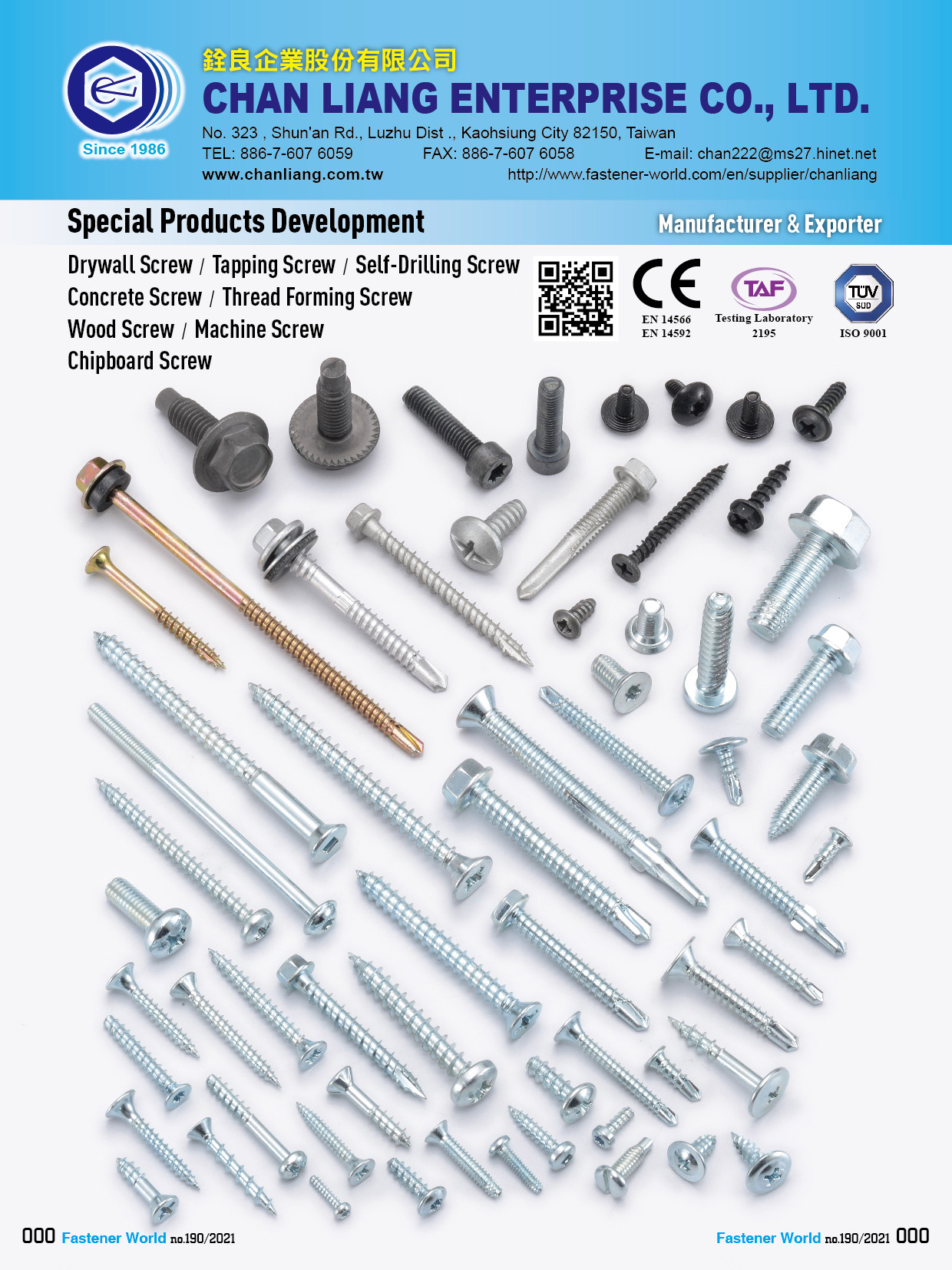 CHAN LIANG ENTERPRISE CO., LTD.  , Drywall Screw, Tapping Screw, Self-Drilling Screw, Concrete Screw, Thread Forming Screw, Machine Screw, Wood Screw, Chipboard Screw, Special Screws