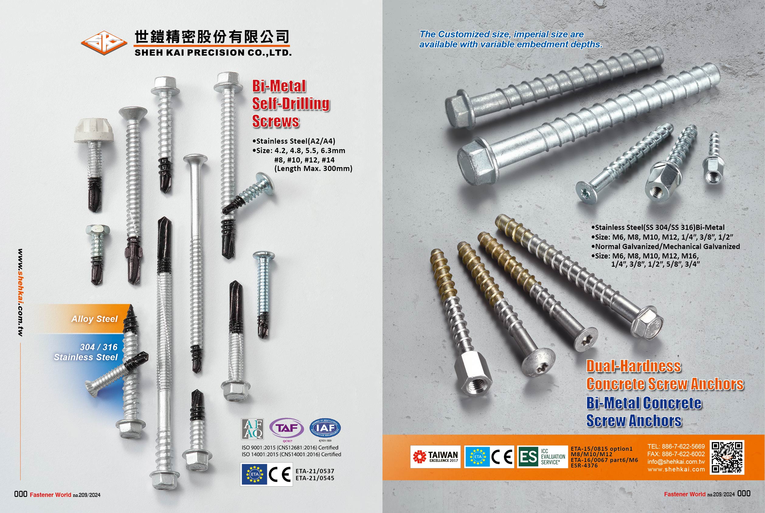 SHEH KAI PRECISION CO., LTD.  , Bi-Metal Self-Drilling Screws, Bi-Metal Concrete Screw Anchors, Dual-Hardness Concrete Screw Anchors