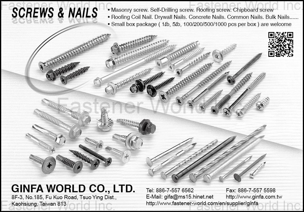 GINFA WORLD CO., LTD.  , Chipboard Screws, Countersunk Screws, Drywall Screws...