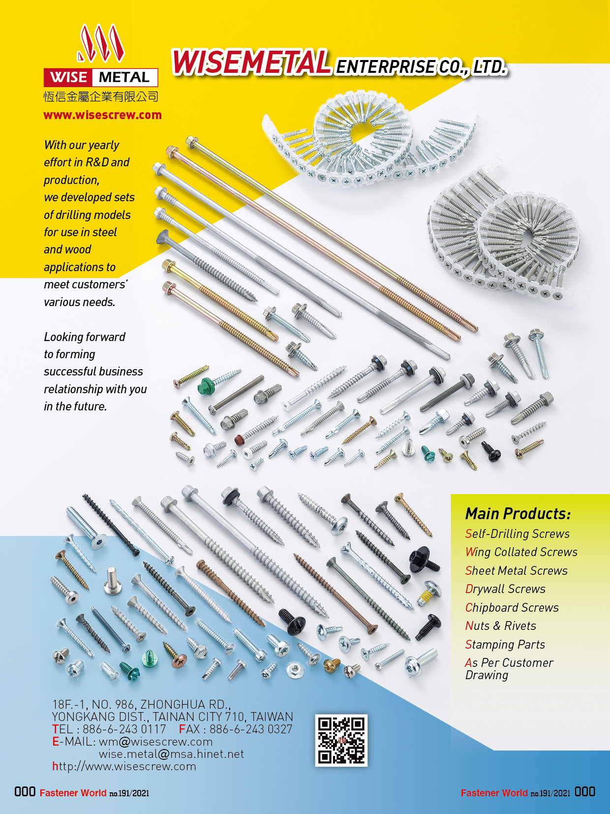 WISEMETAL ENTERPRISE CO., LTD. , Self-Drilling Screws, Wing Collated Screws, Sheet Metal Screws, Drywall Screws, Chipboard Screws, Nuts & Rivets, Stamping Parts, Customer Drawing Commend