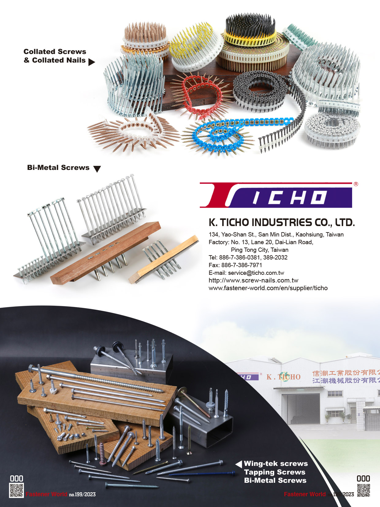 K. TICHO INDUSTRIES CO., LTD.  , Collated Screws, Collated Nails, Bi-Metal Screws, Wing-tek Screws, Tapping Screws