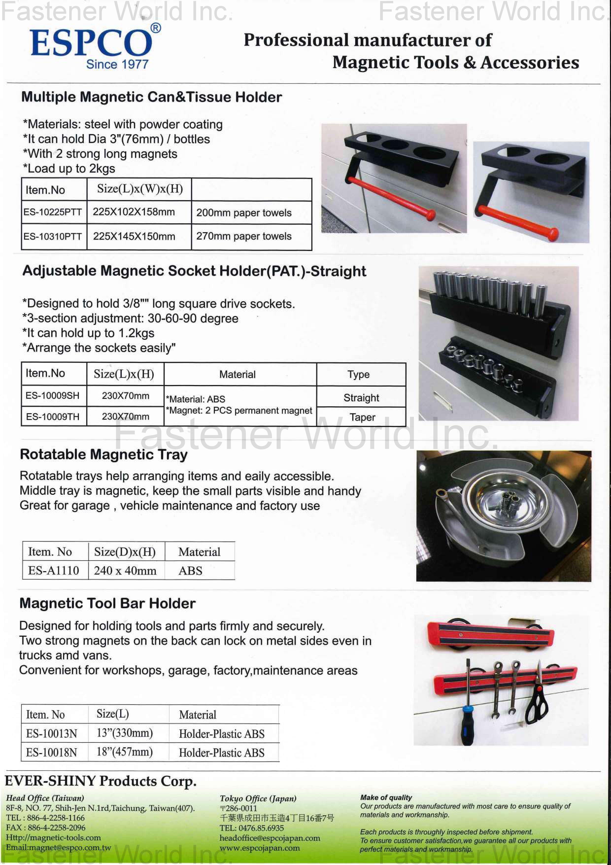 EVER-SHINY PRODUCTS CORP. (ESPCO) , Multiple Magnetic Can & Tissue Holder, Adjustable Magnetic Socket Holder-Straight, Rotatable Magnetic Tray, Magnetic Tool Bar Holder