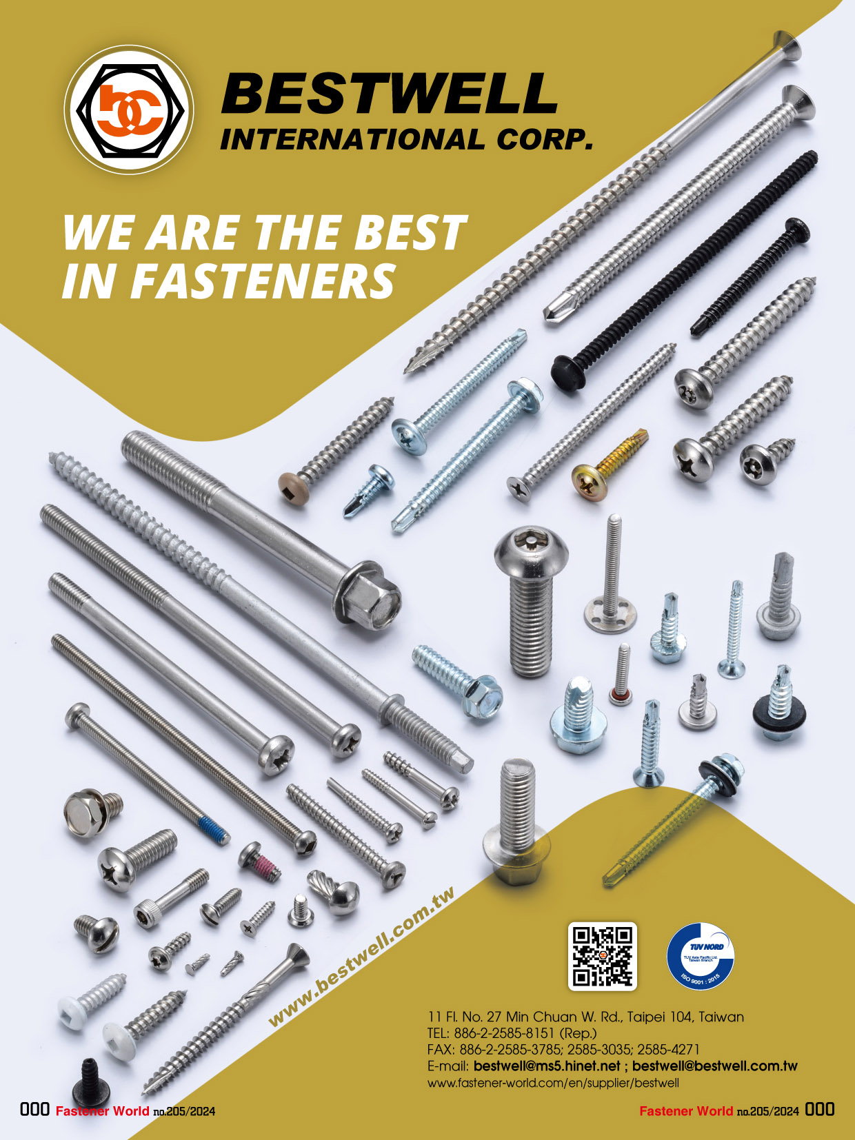 BESTWELL INTERNATIONAL CORP.  , HEX BOLT, SQUARE BOLT, CARRIAGE BOLT, FLANGE BOLT, SOCKET HEAD CAP SCREW, SET SCREW, SHACKLE BOLT, CUP BOLT, ALL THREAD STUD, OVAL NECK, SQUARE NECK, GAS BOLT, T-HEAD BOLT, SINGLE END STUD, T/S & M/S, SELF DRILLING SCREW, DWS & CHIPBOARD SCREW, SCREW WITH BONDER WASHER, SECURITY SCREW, SEM SCREW, SEPCIAL SERRATION SCREW, NUT, LOCK NUT, TEFLON COATING NUT, NON-STANDARD & OTHERS, FLAT WASHER, LOCK WASHER, SQUARE WASHER, SOLID WASHER, ANCHOR, STAMPING, SPECIAL FASTENERS, D-RING & RINGS, CNC ITEMS, WIRE MESH, BUTT SEAM SPACER, PLASTIC OR RUBBER PARTS, POWDER METALLURGY, SPRING & CLIP