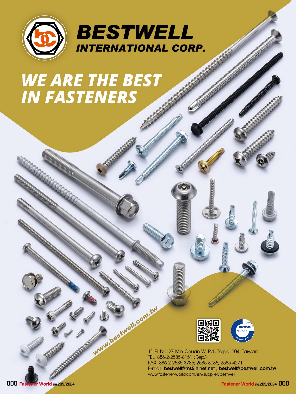 BESTWELL INTERNATIONAL CORP. , HEX BOLT, SQUARE BOLT, CARRIAGE BOLT, FLANGE BOLT, SOCKET HEAD CAP SCREW, SET SCREW, SHACKLE BOLT, CUP BOLT, ALL THREAD STUD, OVAL NECK, SQUARE NECK, GAS BOLT, T-HEAD BOLT, SINGLE END STUD, T/S & M/S, SELF DRILLING SCREW, DWS & CHIPBOARD SCREW, SCREW WITH BONDER WASHER, SECURITY SCREW, SEM SCREW, SEPCIAL SERRATION SCREW, NUT, LOCK NUT, TEFLON COATING NUT, NON-STANDARD & OTHERS, FLAT WASHER, LOCK WASHER, SQUARE WASHER, SOLID WASHER, ANCHOR, STAMPING, SPECIAL FASTENERS, D-RING & RINGS, CNC ITEMS, WIRE MESH, BUTT SEAM SPACER, PLASTIC OR RUBBER PARTS, POWDER METALLURGY, SPRING & CLIP BESTWELL INTERNATIONAL CORP. , HEX BOLT, SQUARE BOLT, CARRIAGE BOLT, FLANGE BOLT, SOCKET HEAD CAP SCREW, SET SCREW, SHACKLE BOLT, CUP BOLT, ALL THREAD STUD, OVAL NECK, SQUARE NECK, GAS BOLT, T-HEAD BOLT, SINGLE END STUD, T/S & M/S, SELF DRILLING SCREW, DWS & CHIPBOARD SCREW, SCREW WITH BONDER WASHER, SECURITY SCREW, SEM SCREW, SEPCIAL SERRATION SCREW, NUT, LOCK NUT, TEFLON COATING NUT, NON-STANDARD & OTHERS, FLAT WASHER, LOCK WASHER, SQUARE WASHER, SOLID WASHER, ANCHOR, STAMPING, SPECIAL FASTENERS, D-RING & RINGS, CNC ITEMS, WIRE MESH, BUTT SEAM SPACER, PLASTIC OR RUBBER PARTS, POWDER METALLURGY, SPRING & CLIP
