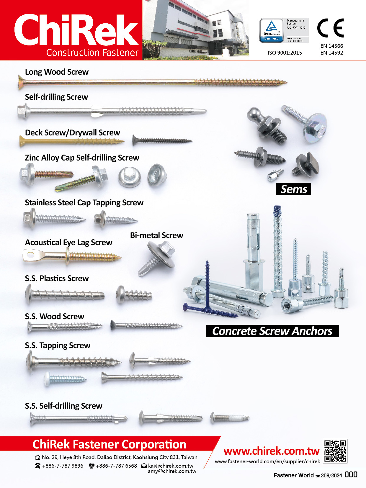 ChiRek Fastener Corporation , Long Wood Screws, Self-drilling Screws, Deck Screws, Drywall Screws, Zinc Alloy Cap Self-drilling Screws, Stainless Steel Cap Tappping Screws, Bi-metal Screws, Sems, Acoustical Eye Lag Screws, Concrete Screws Anchors, S.S. Plastics Screws, S.S. Wood Screws, S.S. Tapping Screws, S.S. Self-drilling Screws