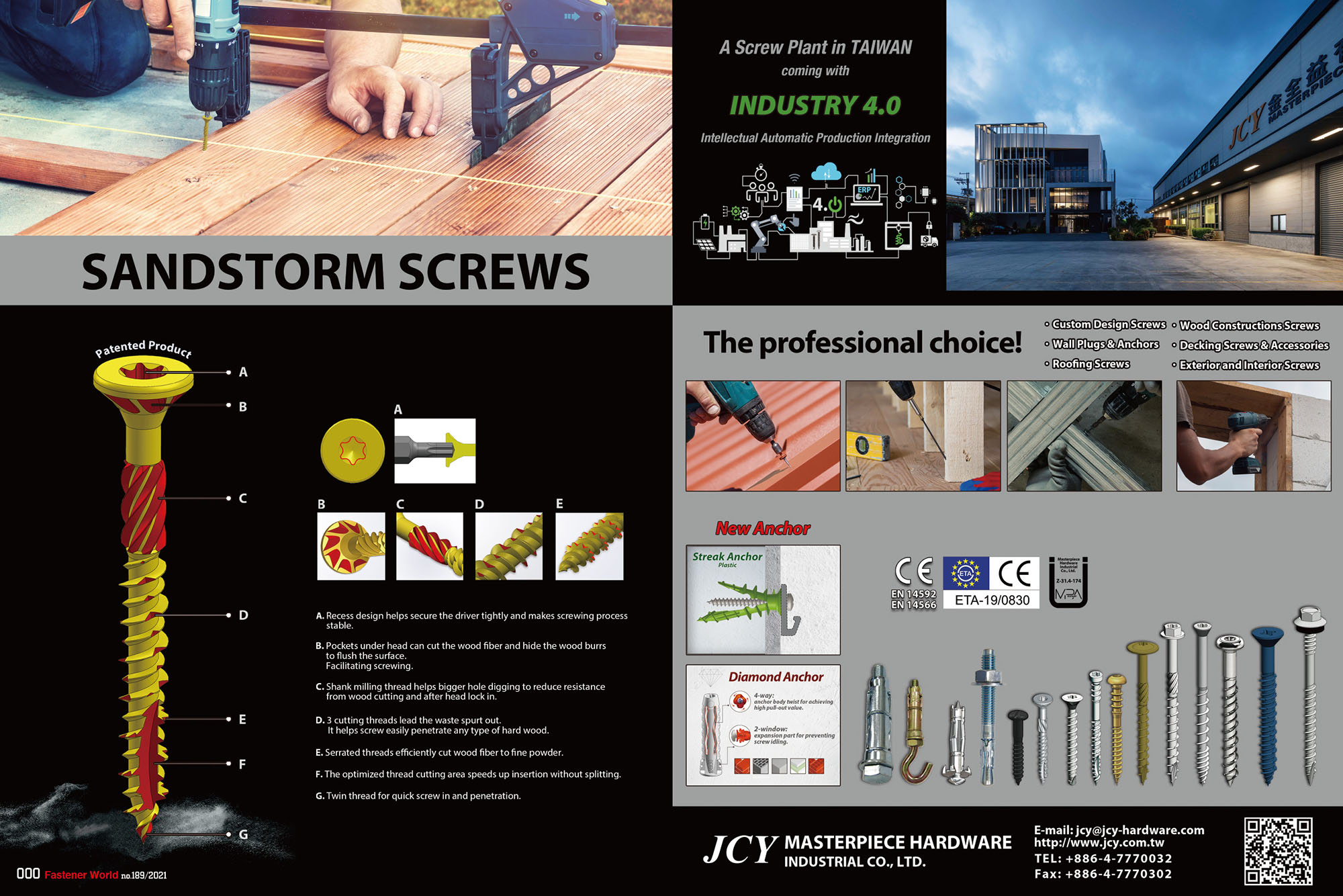 MASTERPIECE HARDWARE INDUSTRIAL CO., LTD. , Sandstorm Screw,Wood Screws,Decking Screw,Turbo Timber Deck Screw,Timber Screw,Terrace Screw,Chipboard Screw,Roofing Screw,Roofing Double Slash Point Screw,Self Drilling Round Pan Head with Serration,Self Drilling Screw,Hi-Low Self Drilling Screw,Tapping Screw,Security Screw,Drywall Screw,Light Duty Concrete Screw,Frame Screw,Concrete screw,L Bolt,Square Head Bolt,Socket Cap Screw,Talon Anchor,Self Drilling Hollow Wall Anchor,Self-drive Plasterboard Plug,Gravity Toggle With Screw,Gravity Toggle With Cup Hook,Spring Toggle With Screw,Spring Toggle With Cup Hook,Brass Anchor,Through Bolt,Shield 