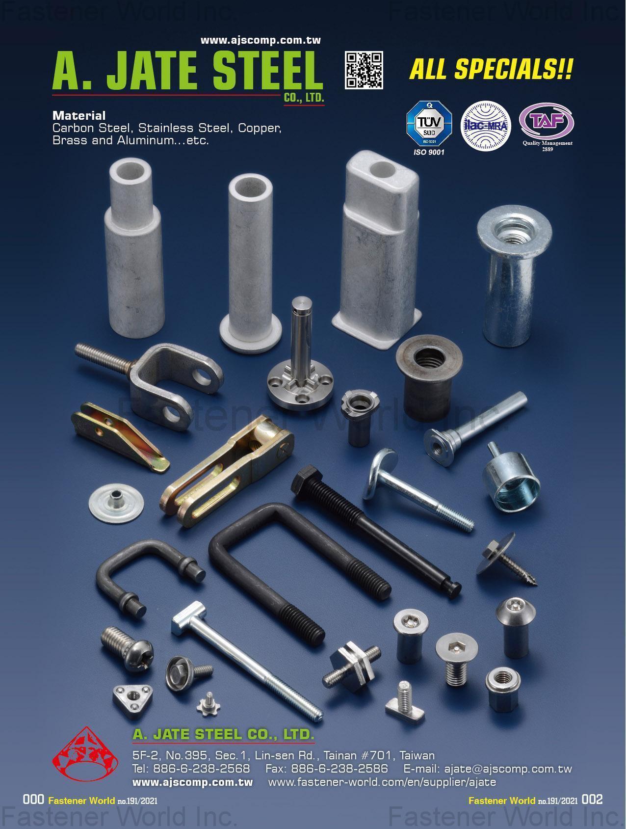A. JATE STEEL CO., LTD.  , Aluminum Alloys, CNC Machining, Stamping Parts, Special Parts, Screws, Nuts, Bolts, Sems Screws, Pins & Rivets, Washers & Spacers, ABS Plastic Injection