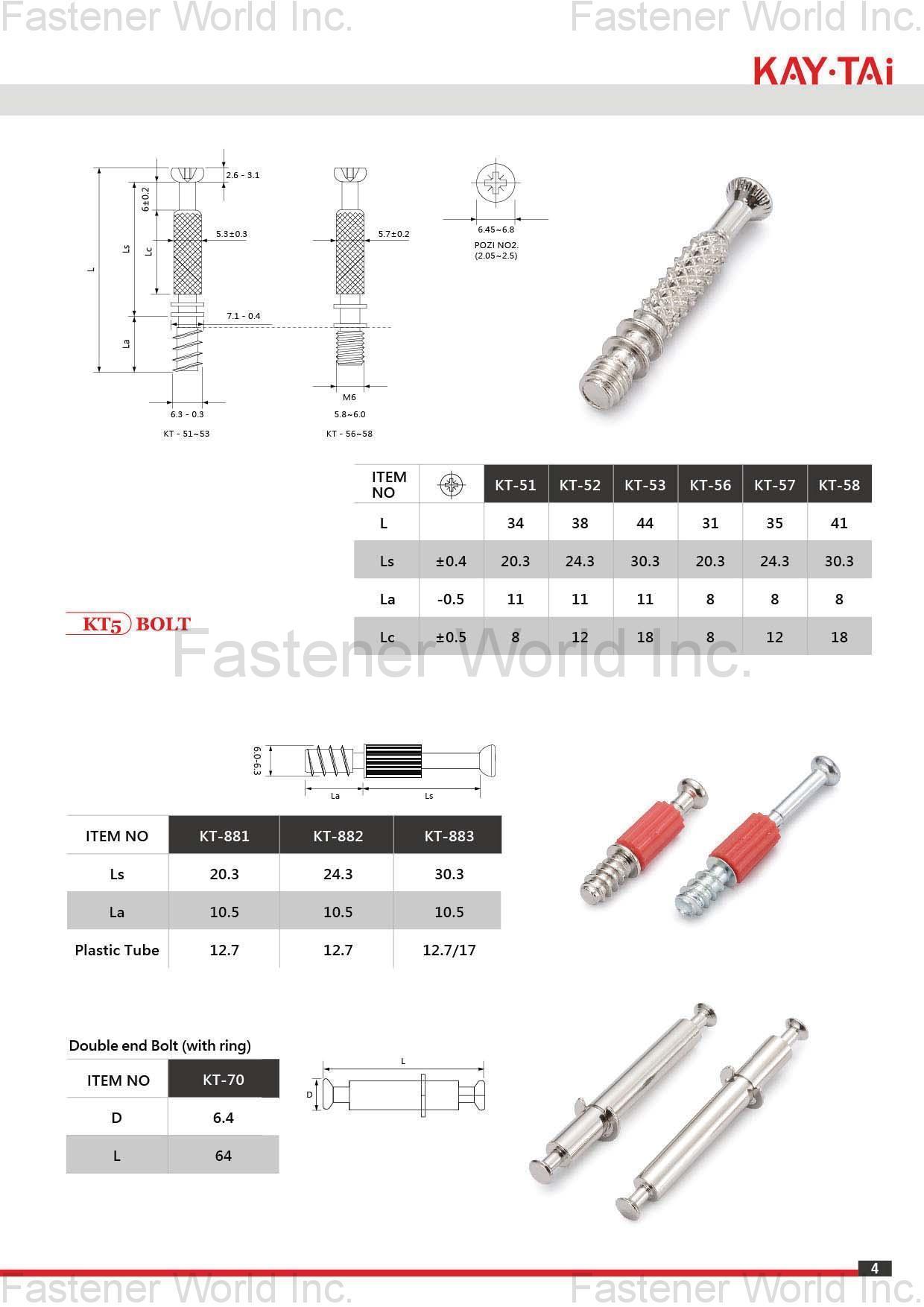 KAY-TAI FASTENERS INDUSTRIAL CO., LTD  , KayTai,KD FITTINGS,Dowels,Zinc Alloy Cams,Quick Assembly Dowels,Eccentric  ASSEMBLY TOOLS & PARTS,Wrench,Allen Keys,Wooden Dowelsm,Plastic Cover Caps  Nuts,D Nuts,E Nuts,Insert Nuts,Sleeve Nuts,Connecting Nuts,Rivets,Cross Dowels,Nylon Nuts. SHELF SUPPORTS,Steel Pins,Glass Shelf Supports,Steel Shelf Supports,Supporting Pins  SCREWS,Chipboard Screws,HI-LO Screws,Coating Screws,EURO Screws,Furniture Screws,Countersunk Screws,Pan Head Screws,JCBB / JCBC / JCBD Screws,Machine Screws,Knob Screws,Connecting Screws,5/32