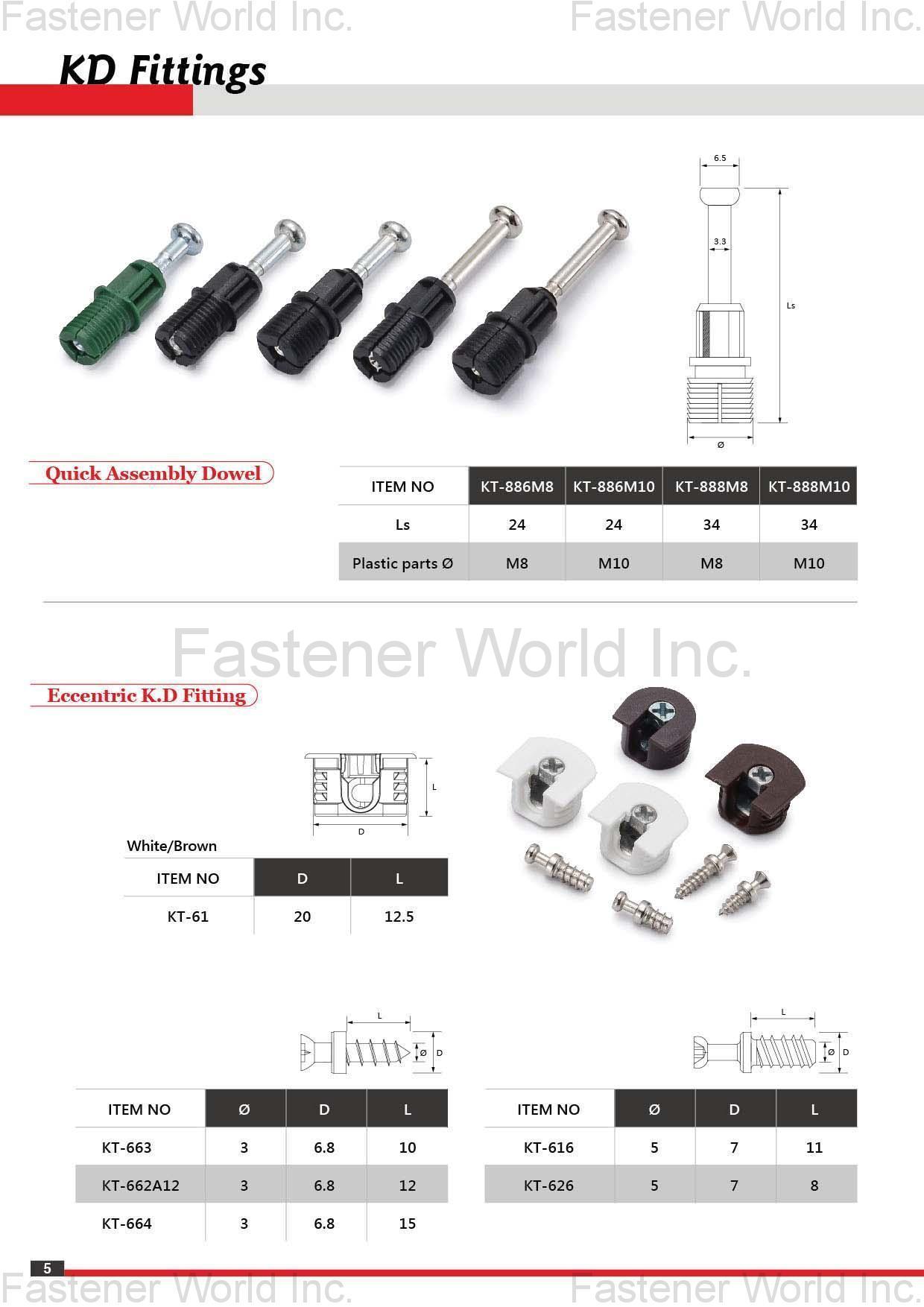 KAY-TAI FASTENERS INDUSTRIAL CO., LTD  , KayTai,KD FITTINGS,Dowels,Zinc Alloy Cams,Quick Assembly Dowels,Eccentric  ASSEMBLY TOOLS & PARTS,Wrench,Allen Keys,Wooden Dowelsm,Plastic Cover Caps  Nuts,D Nuts,E Nuts,Insert Nuts,Sleeve Nuts,Connecting Nuts,Rivets,Cross Dowels,Nylon Nuts. SHELF SUPPORTS,Steel Pins,Glass Shelf Supports,Steel Shelf Supports,Supporting Pins  SCREWS,Chipboard Screws,HI-LO Screws,Coating Screws,EURO Screws,Furniture Screws,Countersunk Screws,Pan Head Screws,JCBB / JCBC / JCBD Screws,Machine Screws,Knob Screws,Connecting Screws,5/32