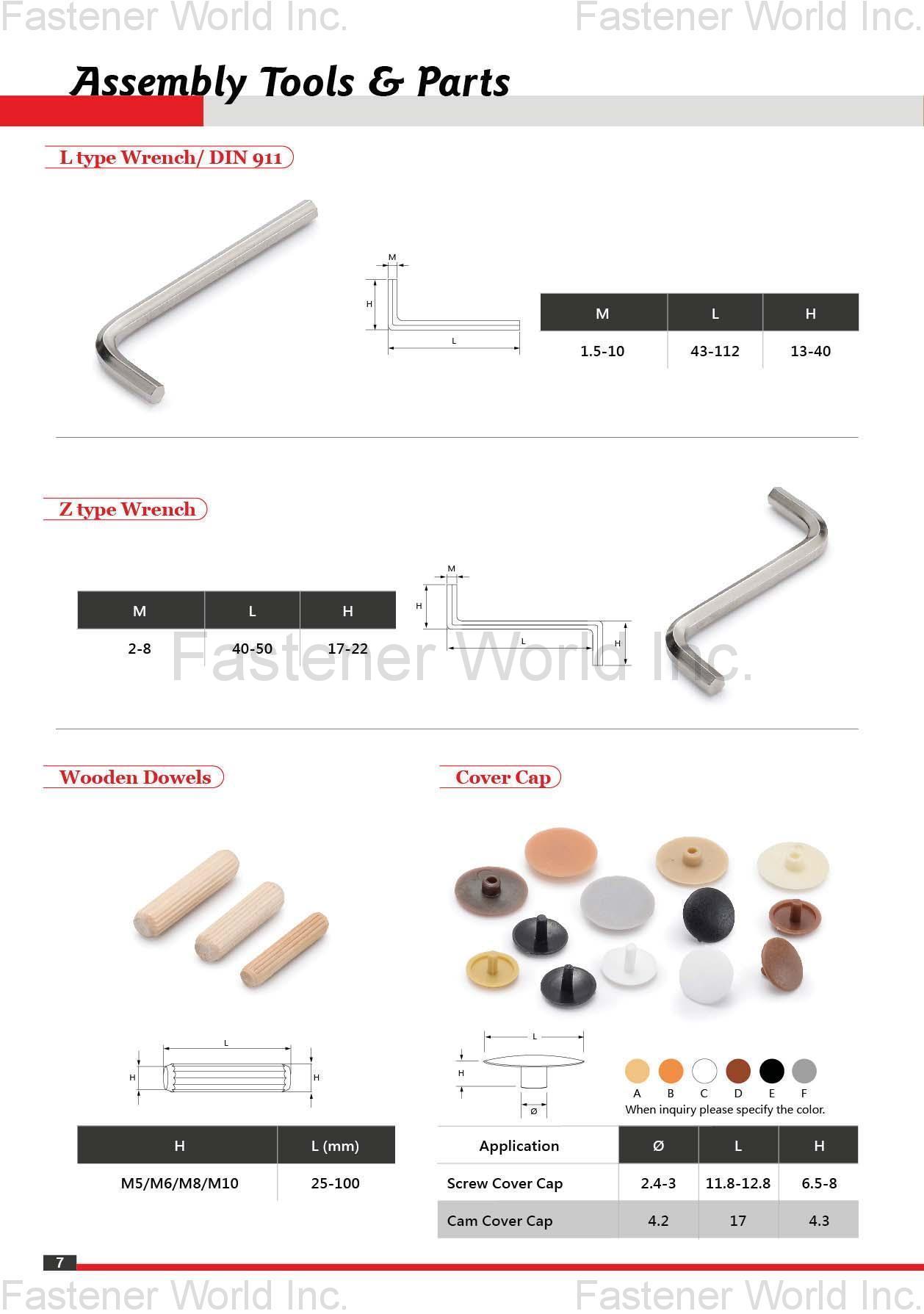 KAY-TAI FASTENERS INDUSTRIAL CO., LTD  , KayTai,KD FITTINGS,Dowels,Zinc Alloy Cams,Quick Assembly Dowels,Eccentric  ASSEMBLY TOOLS & PARTS,Wrench,Allen Keys,Wooden Dowelsm,Plastic Cover Caps  Nuts,D Nuts,E Nuts,Insert Nuts,Sleeve Nuts,Connecting Nuts,Rivets,Cross Dowels,Nylon Nuts. SHELF SUPPORTS,Steel Pins,Glass Shelf Supports,Steel Shelf Supports,Supporting Pins  SCREWS,Chipboard Screws,HI-LO Screws,Coating Screws,EURO Screws,Furniture Screws,Countersunk Screws,Pan Head Screws,JCBB / JCBC / JCBD Screws,Machine Screws,Knob Screws,Connecting Screws,5/32