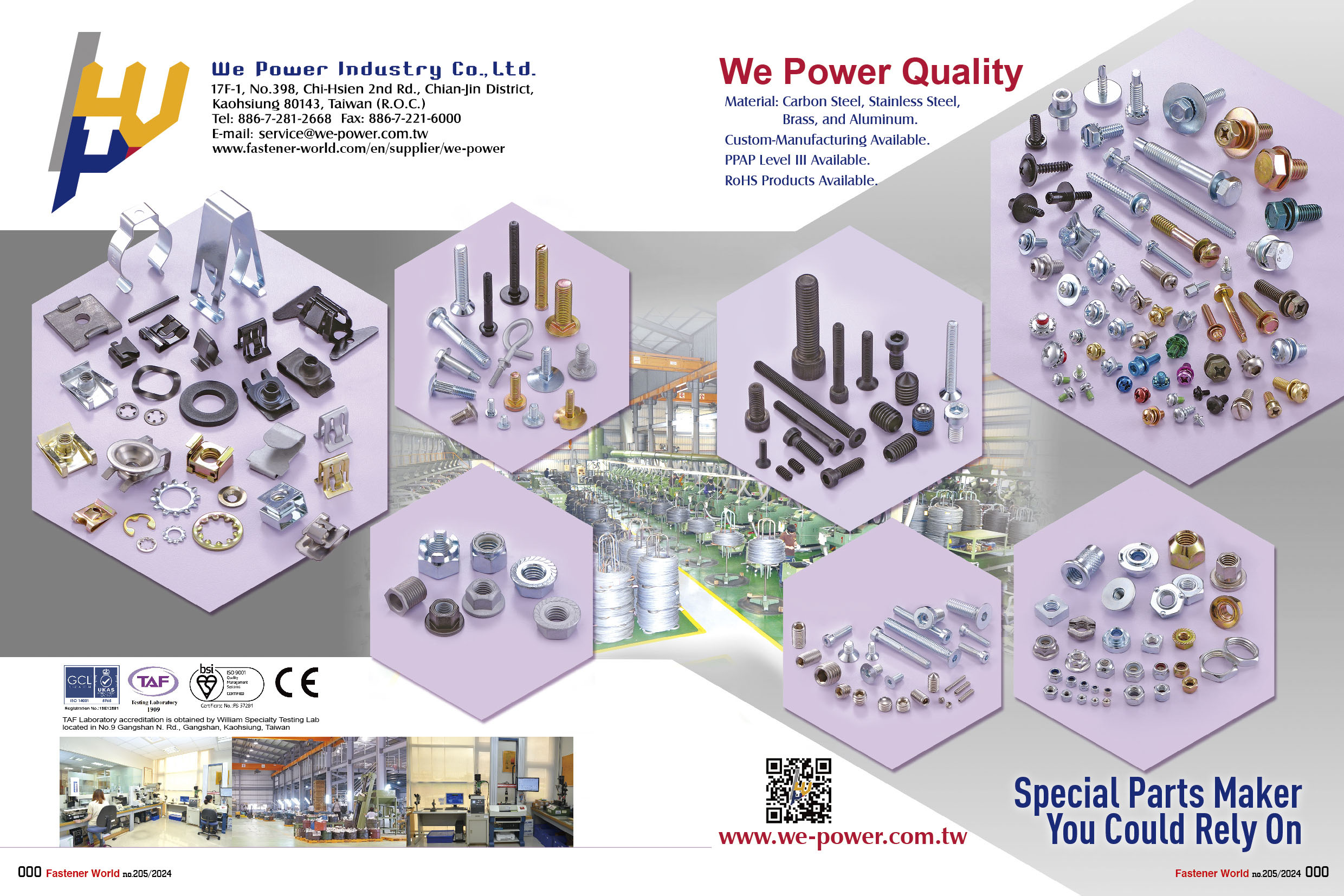 WE POWER INDUSTRY CO., LTD.  , SPECIAL PARTS, SHEET METAL SCREW, SELF TAPPING SCREW, SELF DRILLING SCREW, MACHINE SCREW, THREAD ROLLING SCREW, SELF PIERCING SCREW, PLASTIC SCREW, DRYWALL SCREW, WOOD SCREW, CHIPBOARD SCREW, PARTICLE BOARD SCREW, CONCRETE SCREW, SEMS SCREW, CONSTRUCTION SCREW, FURNITURE SCREW, STAINLESS STEEL SCREW, BRASS SCREW, SPECIAL SCREW, CNC, MULTI STATION SCREW, HEX NUT, FLANGE NUT, NYLON INSERT NUT, WING NUT, WELD NUT, SQUARE NUT, CAP NUT, HEX HEAD BOLT, HANGER BOLT, DOUBLE END BOLT, EYE BOLT, STAMPING PARTS, CLIPS, RINGS, WASHERS, U-NUTS